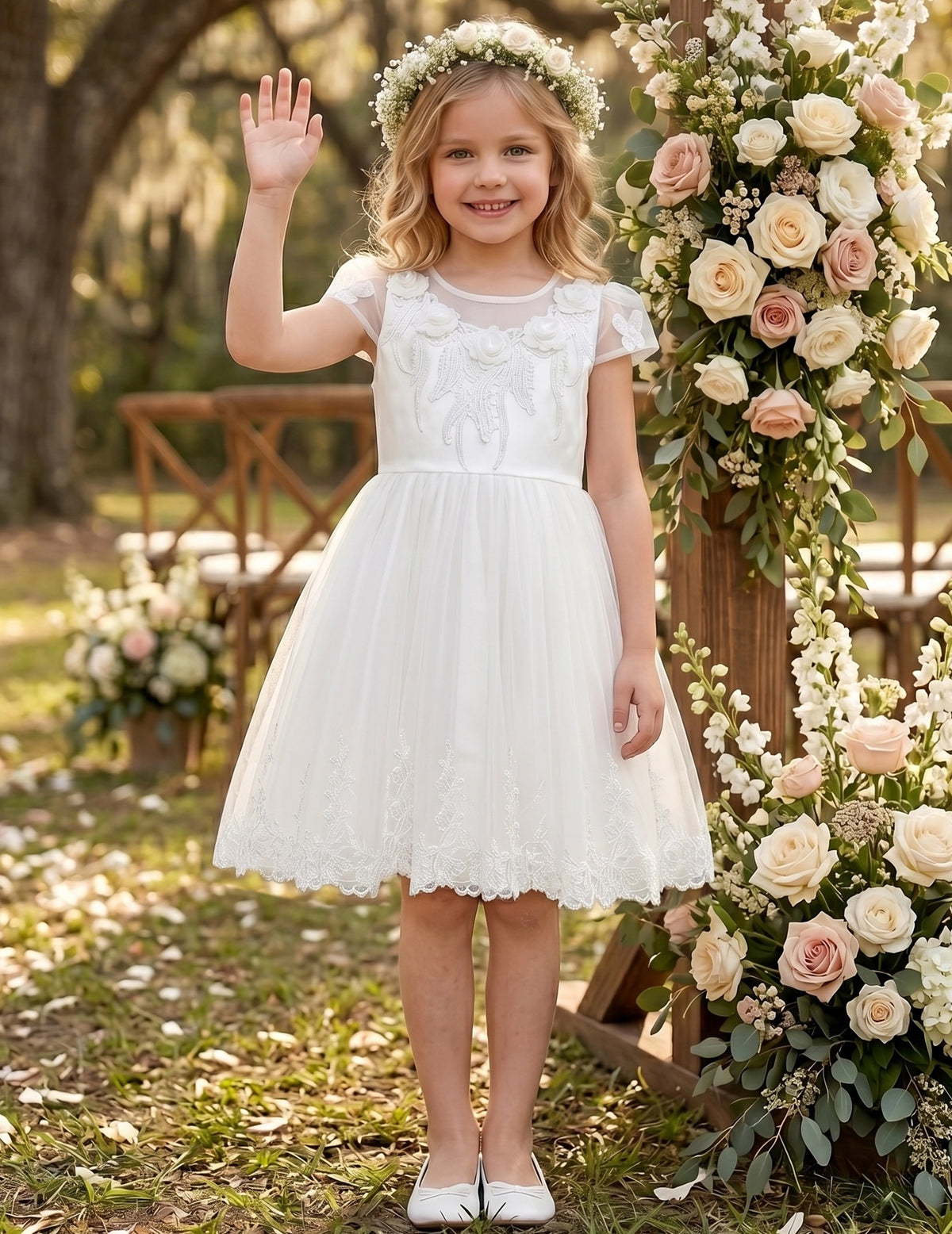 Flower Girl Dresses Sweet Pink Party Bow Tulle Princess Party Lace Cap Sleeve Wedding Easter White 3D Floral