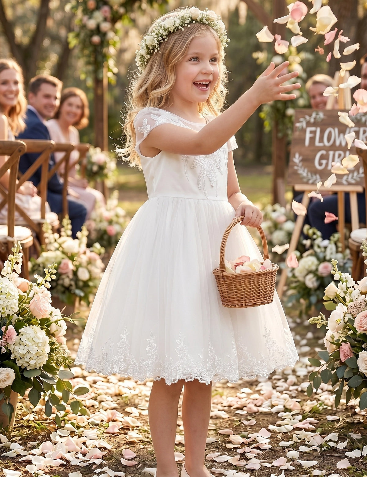 Flower Girl Dresses Sweet Pink Party Bow Tulle Princess Party Lace Cap Sleeve Wedding Easter White 3D Floral
