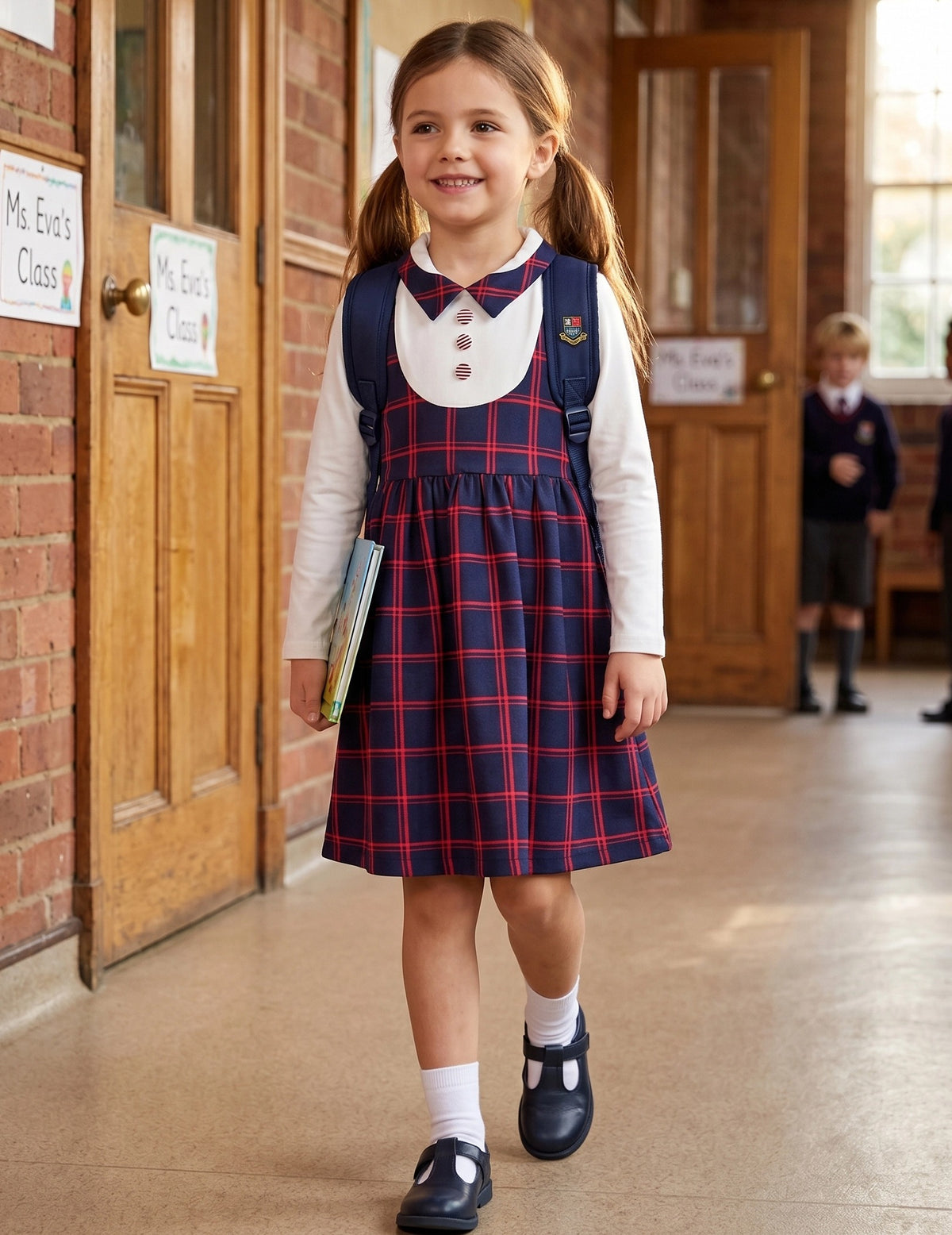 Girls Dress Long Sleeve Black A Line White Collar Button Front School Formal Daily Recital Navy Red Plaid