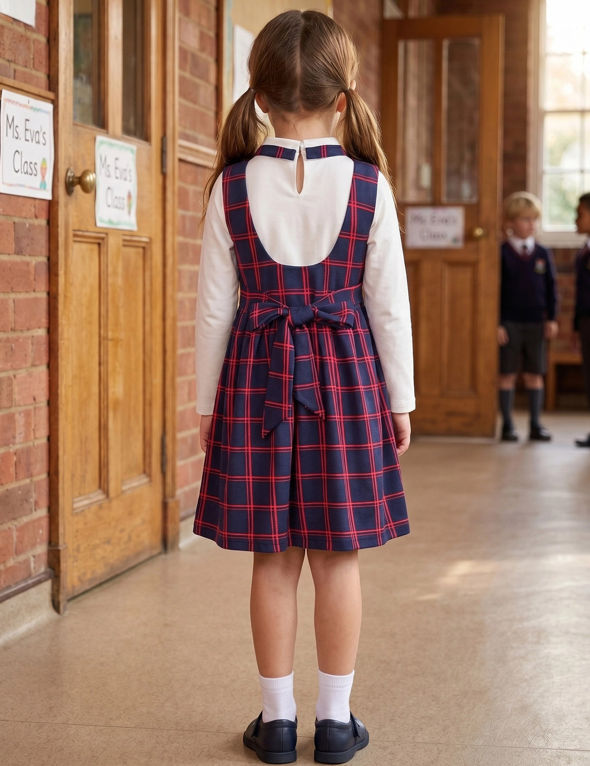 Girls Dress Long Sleeve Black A Line White Collar Button Front School Formal Daily Recital Navy Red Plaid