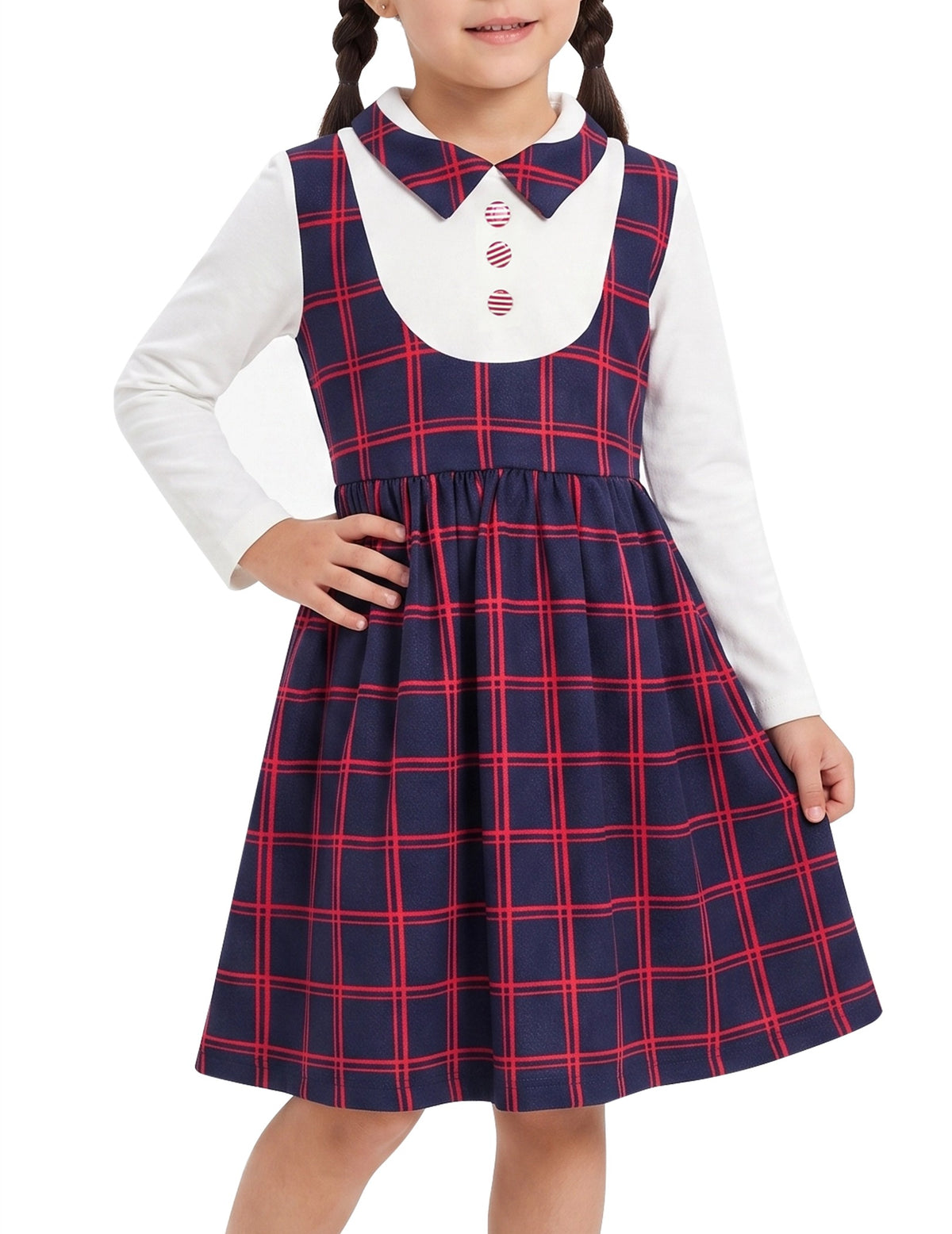 Girls Dress Long Sleeve Black A Line White Collar Button Front School Formal Daily Recital Navy Red Plaid