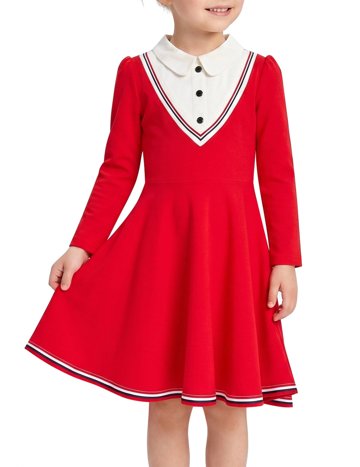 Girls Dress Long Sleeve Black A Line White Collar Button Front School Formal Daily Recital Red Contrast