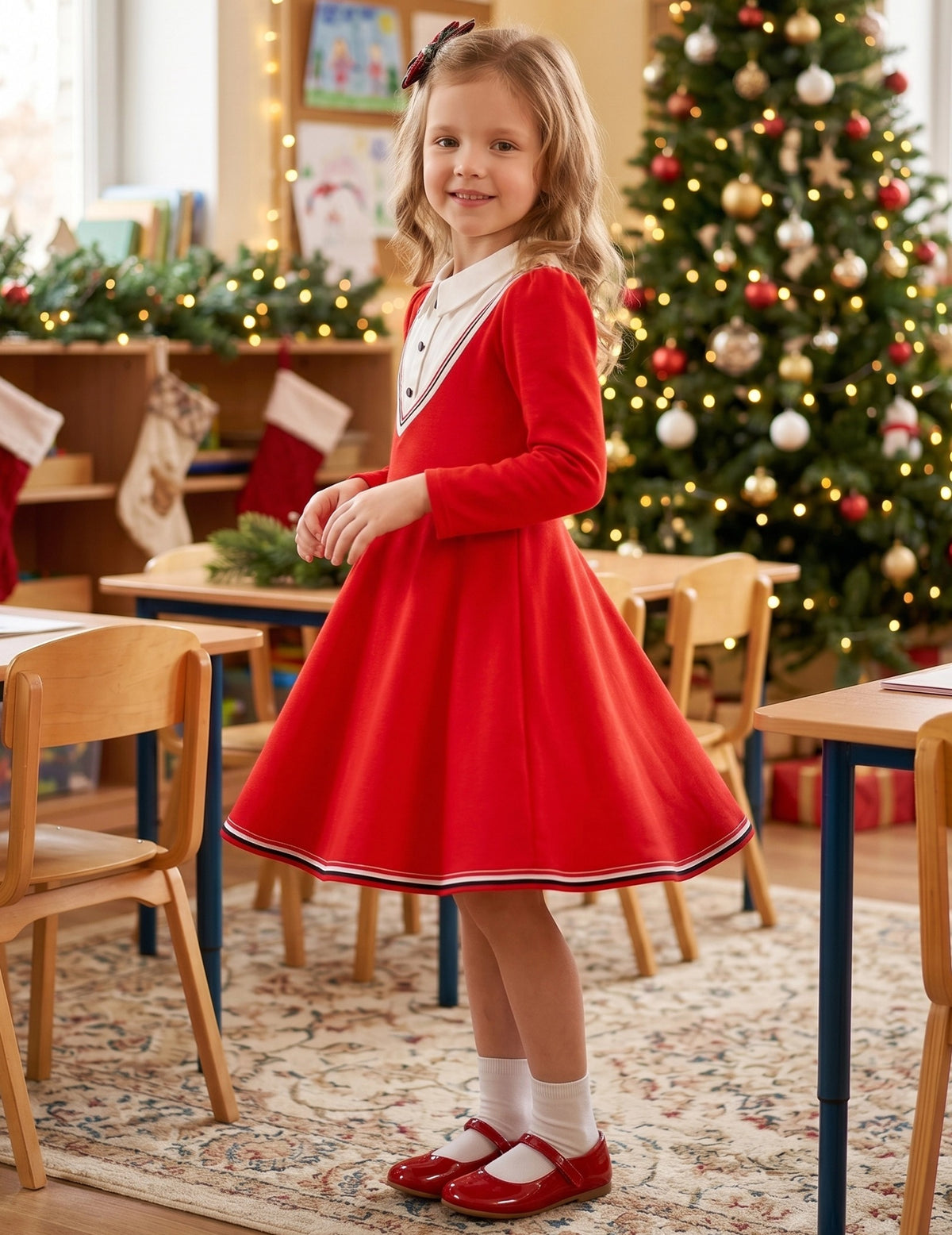 Girls Dress Long Sleeve Black A Line White Collar Button Front School Formal Daily Recital Red Contrast