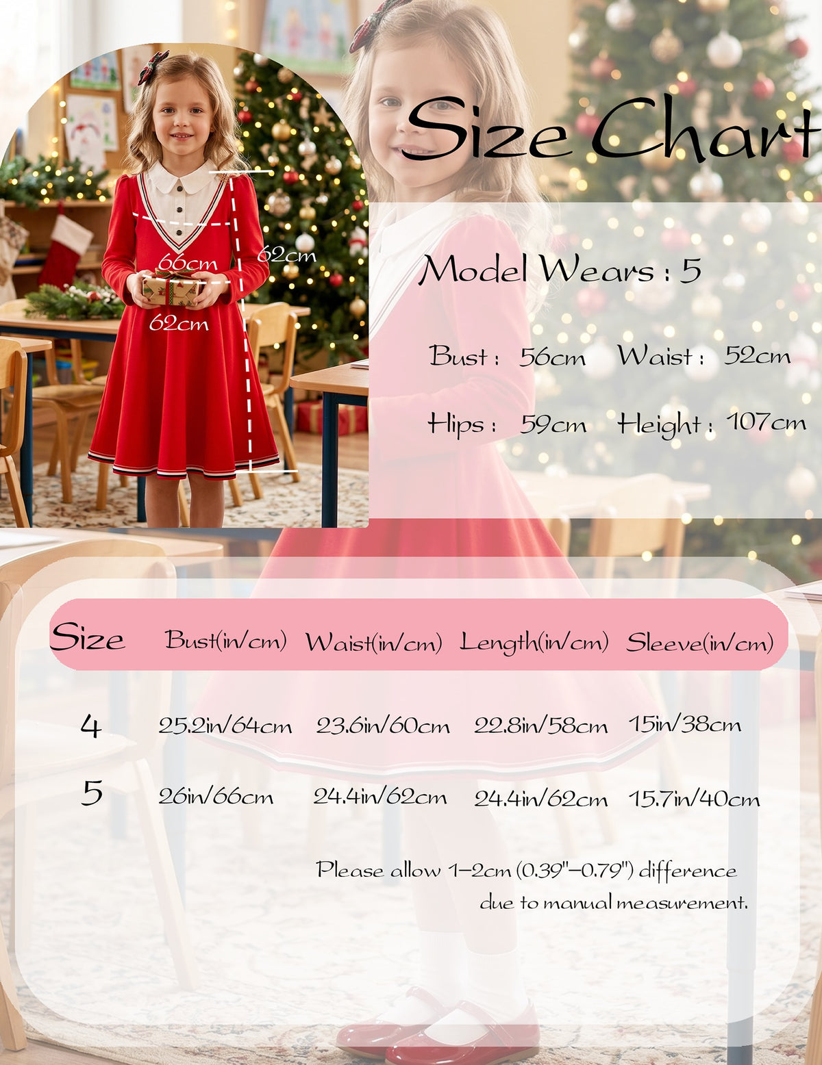 Girls Dress Long Sleeve Black A Line White Collar Button Front School Formal Daily Recital Red Contrast