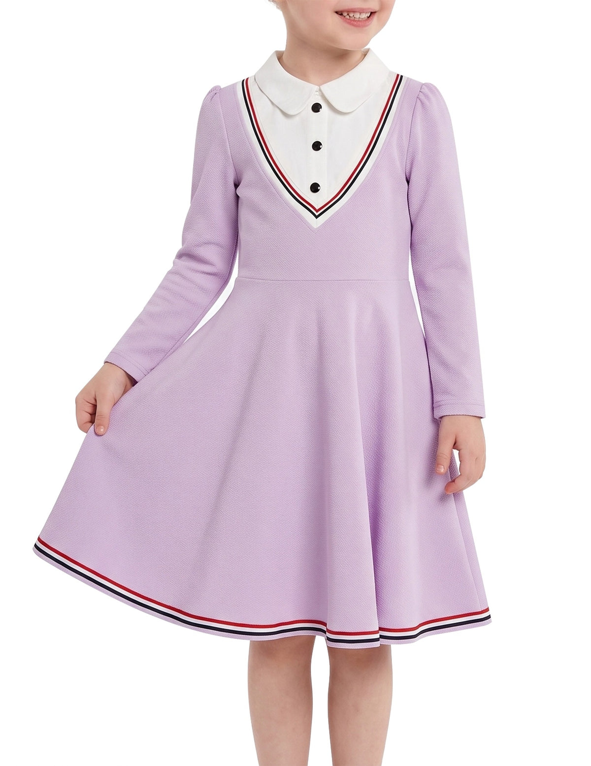 Girls Dress Long Sleeve Black A Line White Collar Button Front School Formal Daily Recital Light Purple Contrast