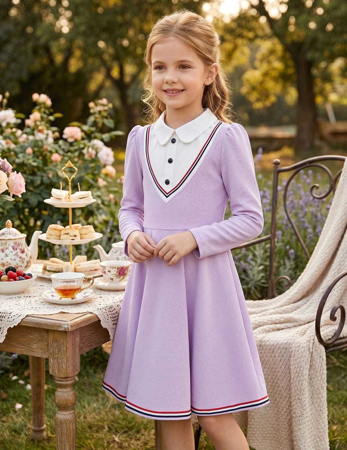 Girls Dress Long Sleeve Black A Line White Collar Button Front School Formal Daily Recital Light Purple Contrast