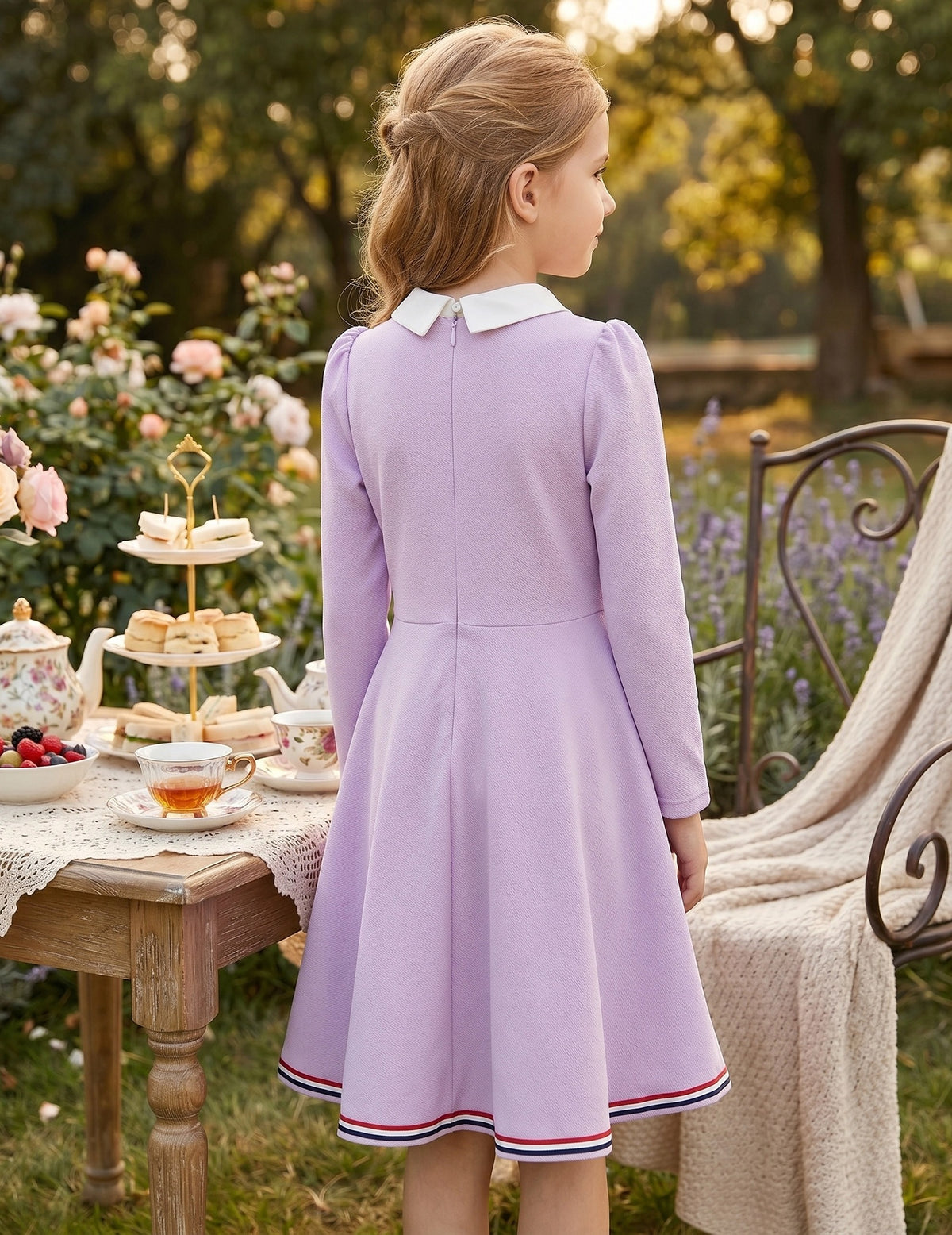 Girls Dress Long Sleeve Black A Line White Collar Button Front School Formal Daily Recital Light Purple Contrast