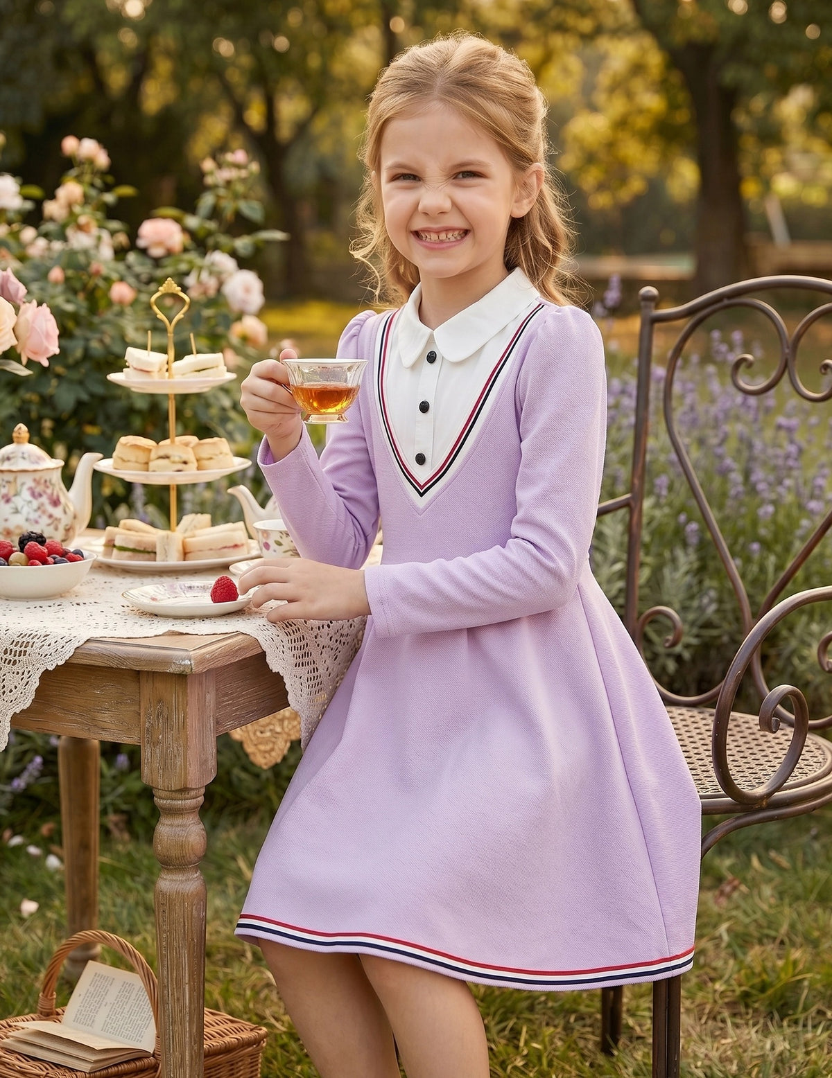 Girls Dress Long Sleeve Black A Line White Collar Button Front School Formal Daily Recital Light Purple Contrast
