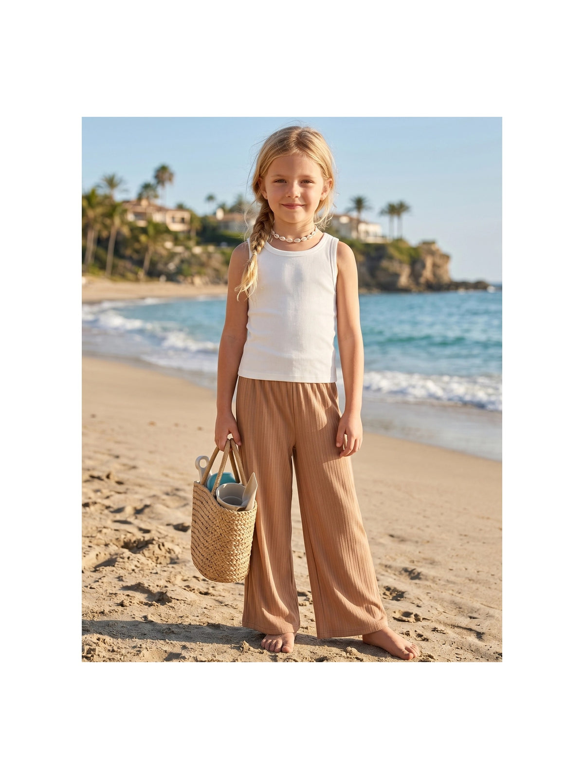 Girls Pants Brown Ribbed Wide Leg Pull On Elastic Trousers Casual Beach Pants Brown Ribbed