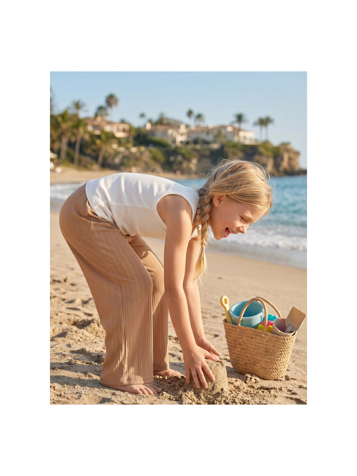 Girls Pants Brown Ribbed Wide Leg Pull On Elastic Trousers Casual Beach Pants Brown Ribbed