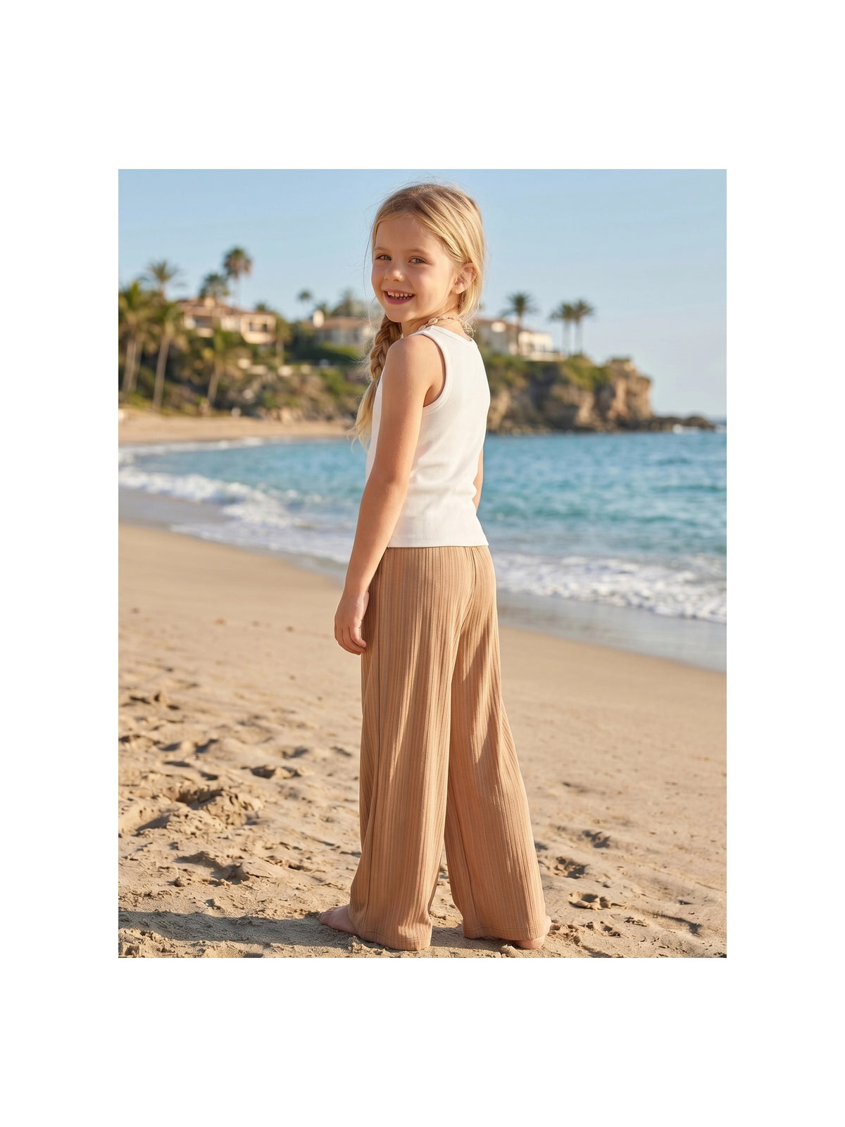 Girls Pants Brown Ribbed Wide Leg Pull On Elastic Trousers Casual Beach Pants Brown Ribbed