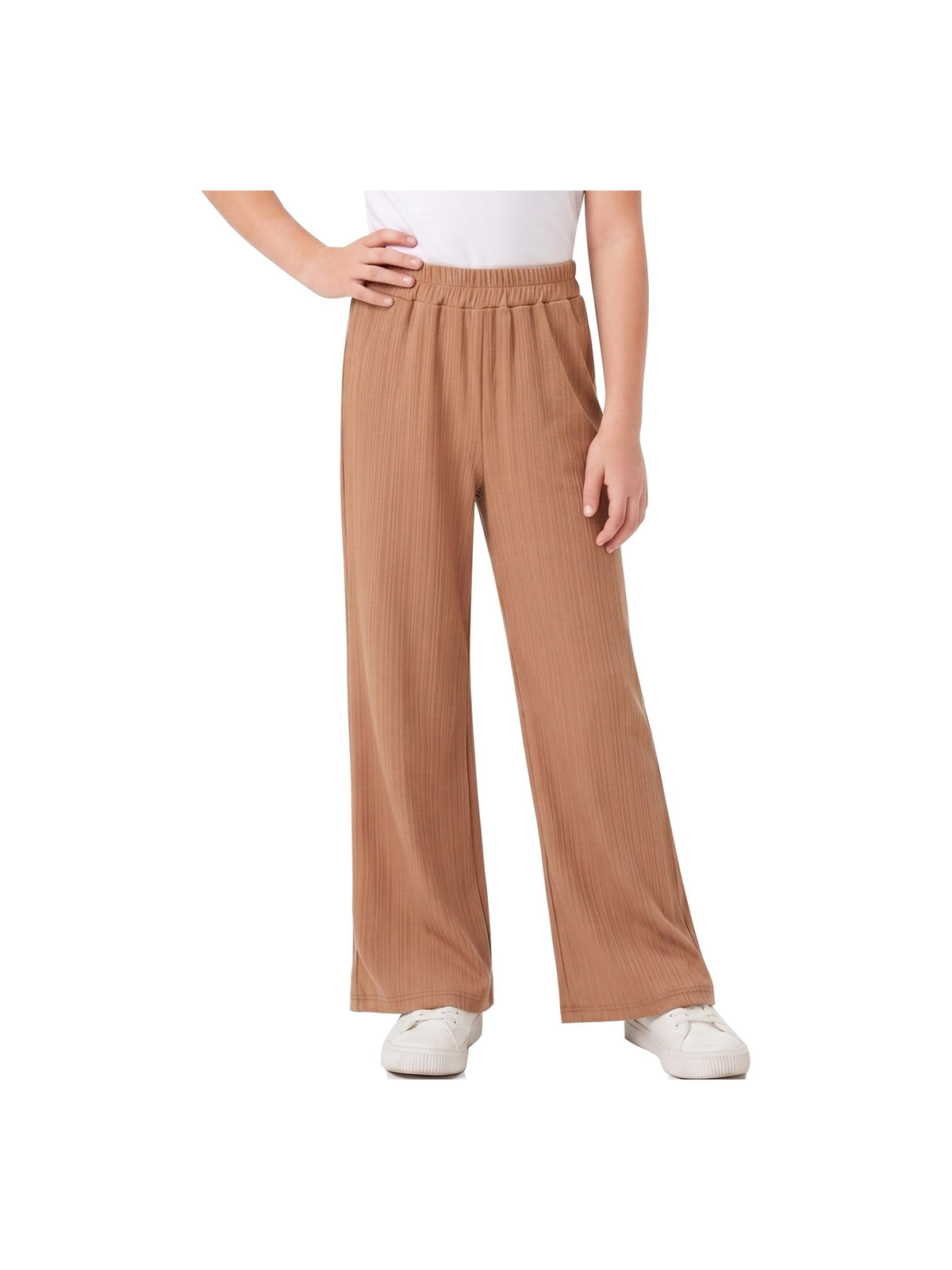 Girls Pants Brown Ribbed Wide Leg Pull On Elastic Trousers Casual Beach Pants Brown Ribbed