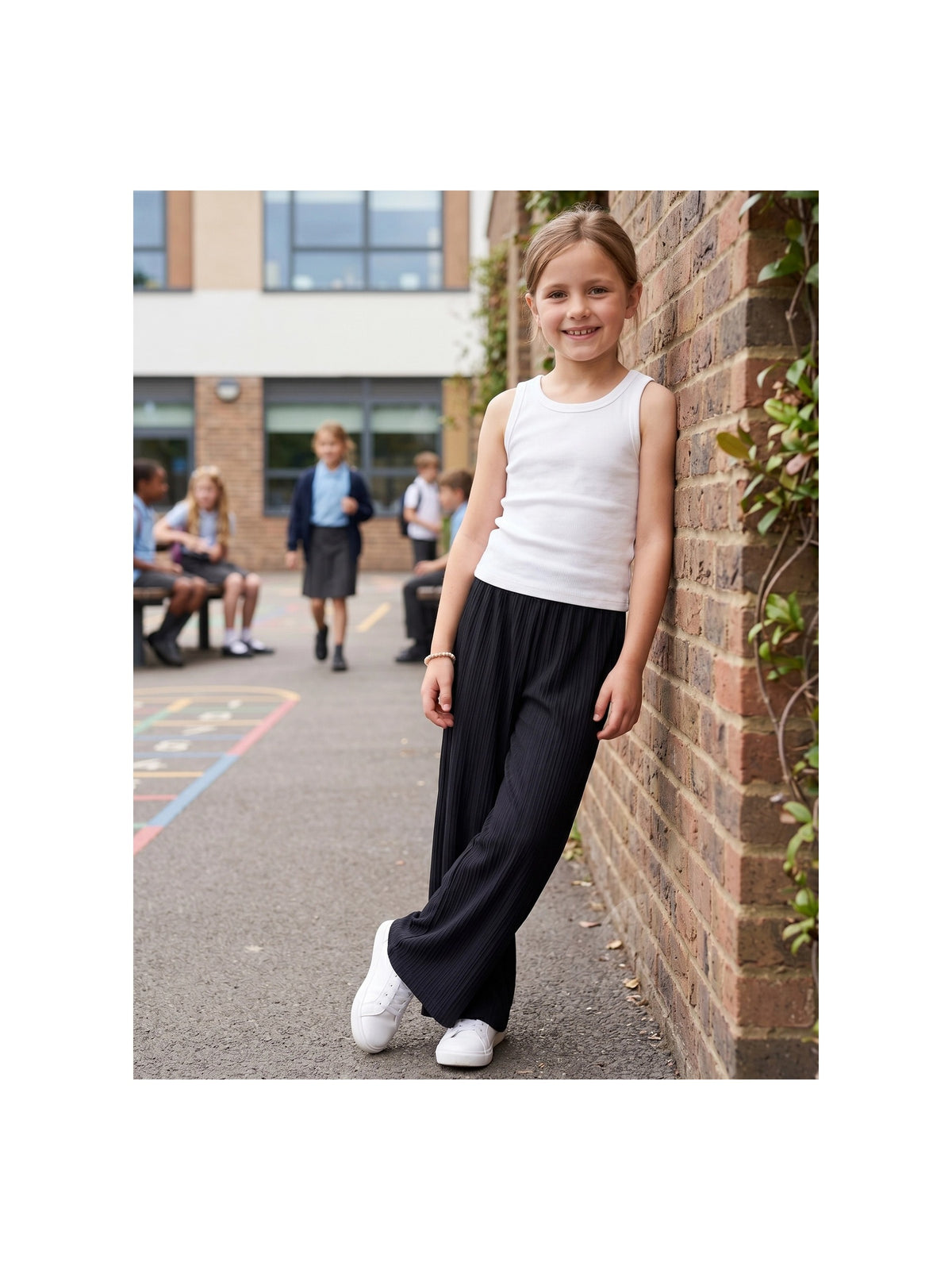Girls Pants Brown Ribbed Wide Leg Pull On Elastic Trousers Casual Beach Pants Black Ribbed