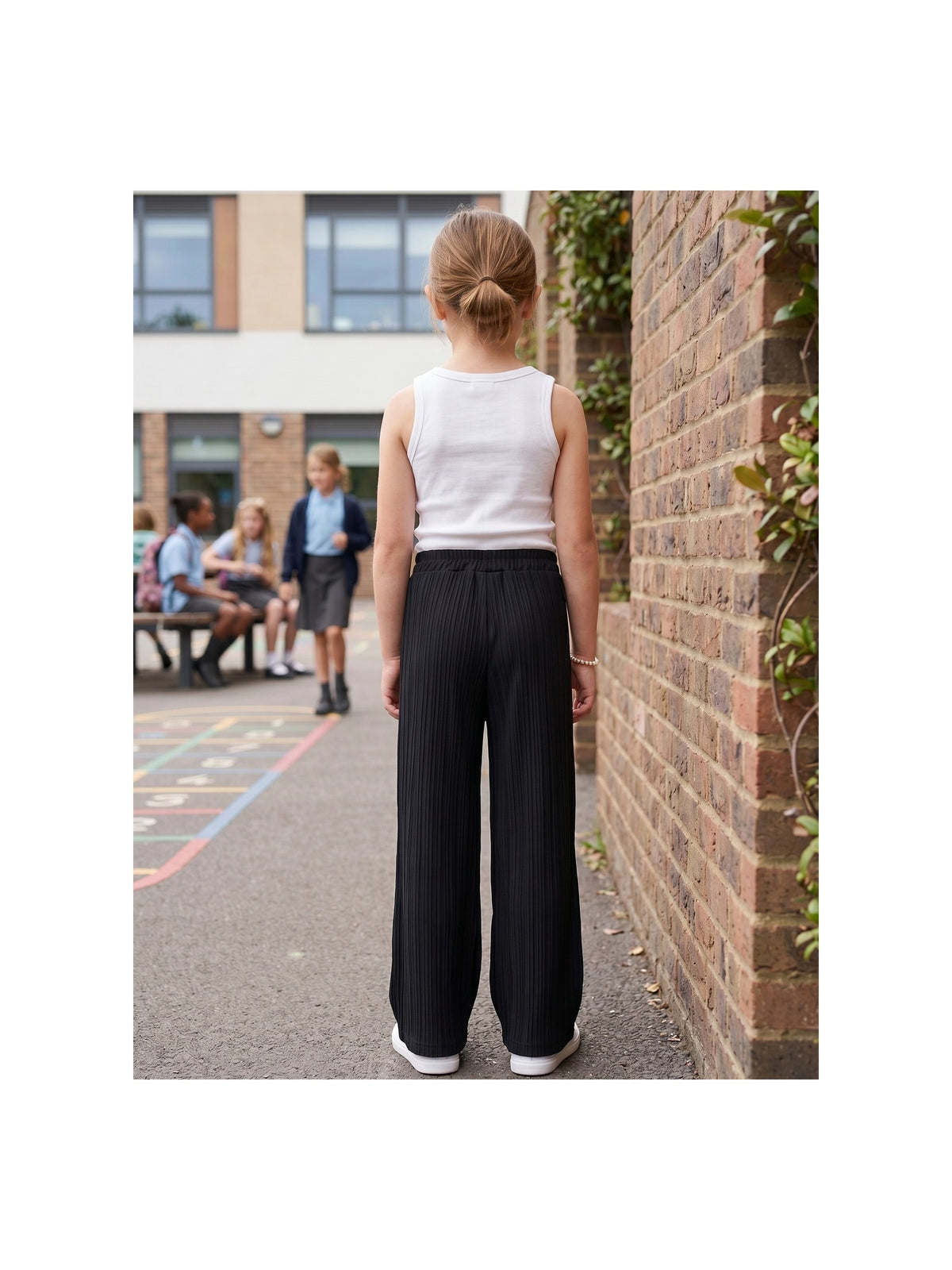 Girls Pants Brown Ribbed Wide Leg Pull On Elastic Trousers Casual Beach Pants Black Ribbed