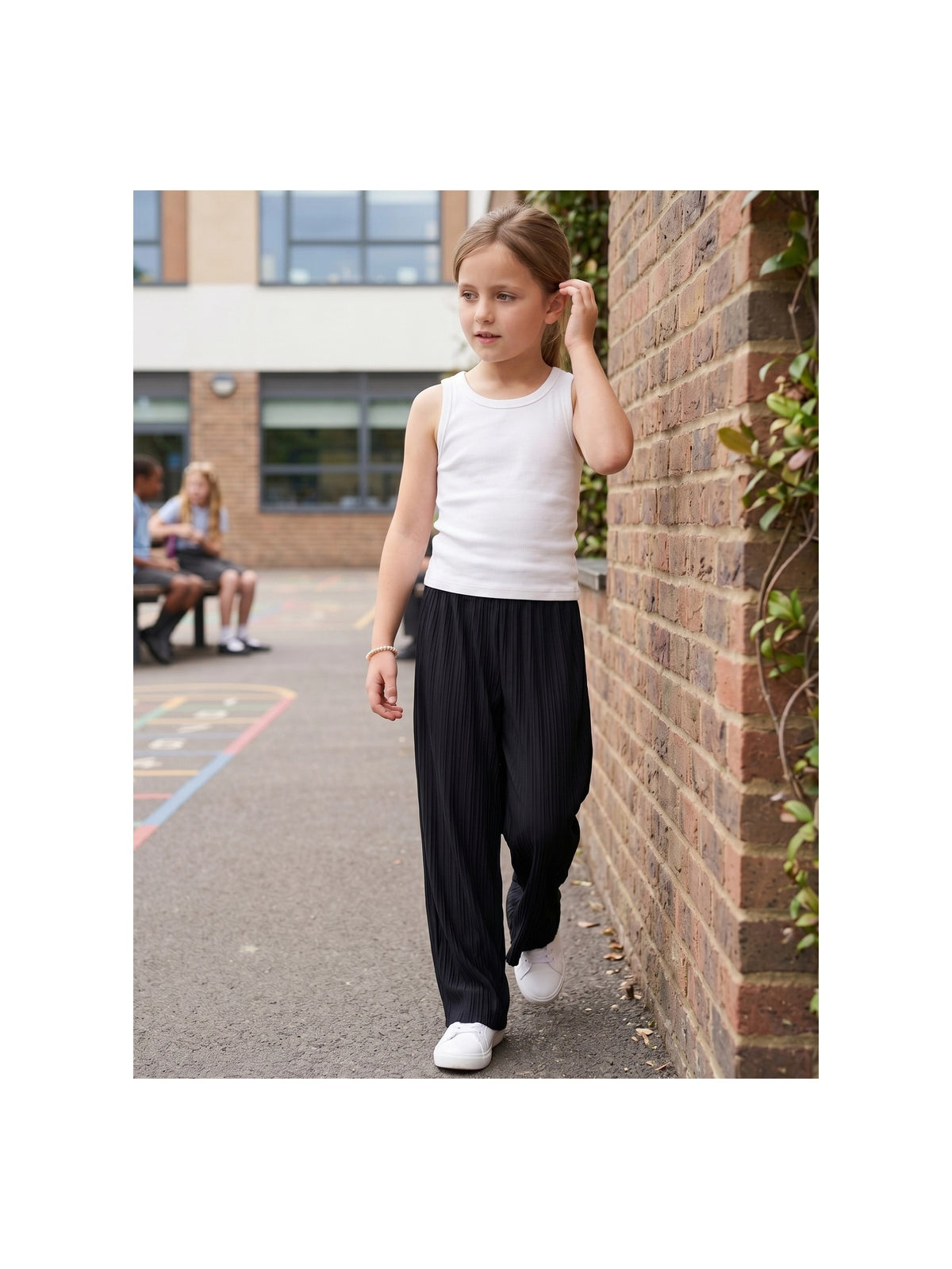 Girls Pants Brown Ribbed Wide Leg Pull On Elastic Trousers Casual Beach Pants Black Ribbed