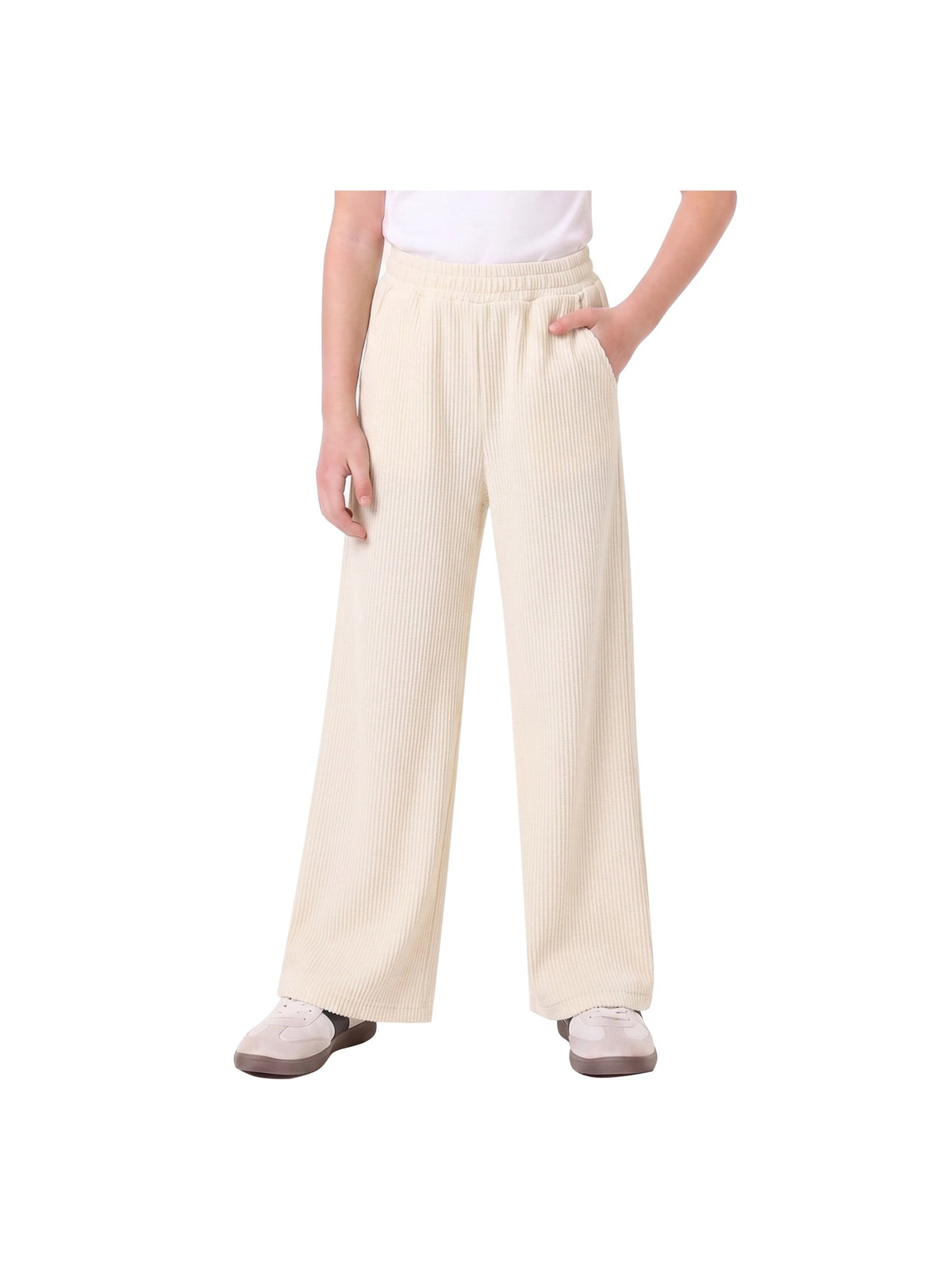 Girls Pants Brown Ribbed Wide Leg Pull On Elastic Trousers Casual Beach Pants Beige Ribbed