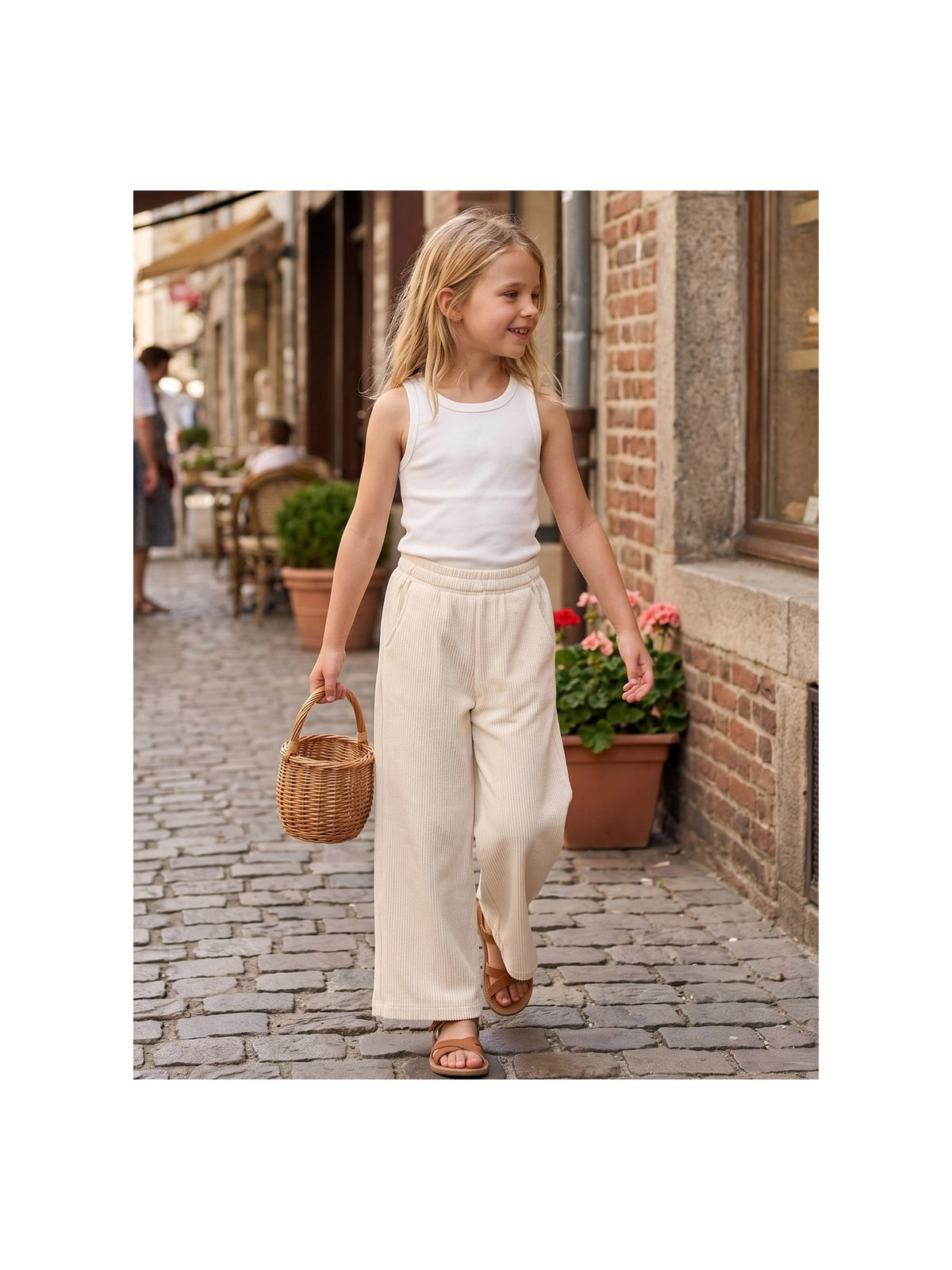Girls Pants Brown Ribbed Wide Leg Pull On Elastic Trousers Casual Beach Pants Beige Ribbed