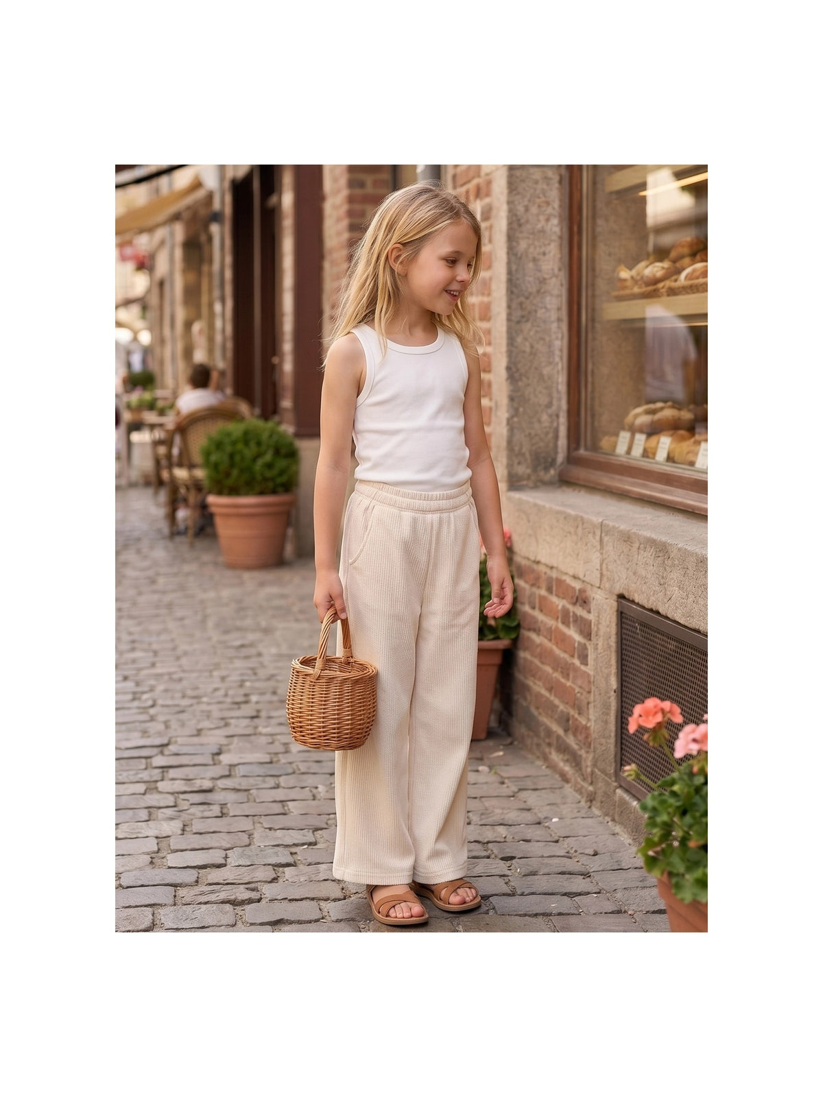 Girls Pants Brown Ribbed Wide Leg Pull On Elastic Trousers Casual Beach Pants Beige Ribbed
