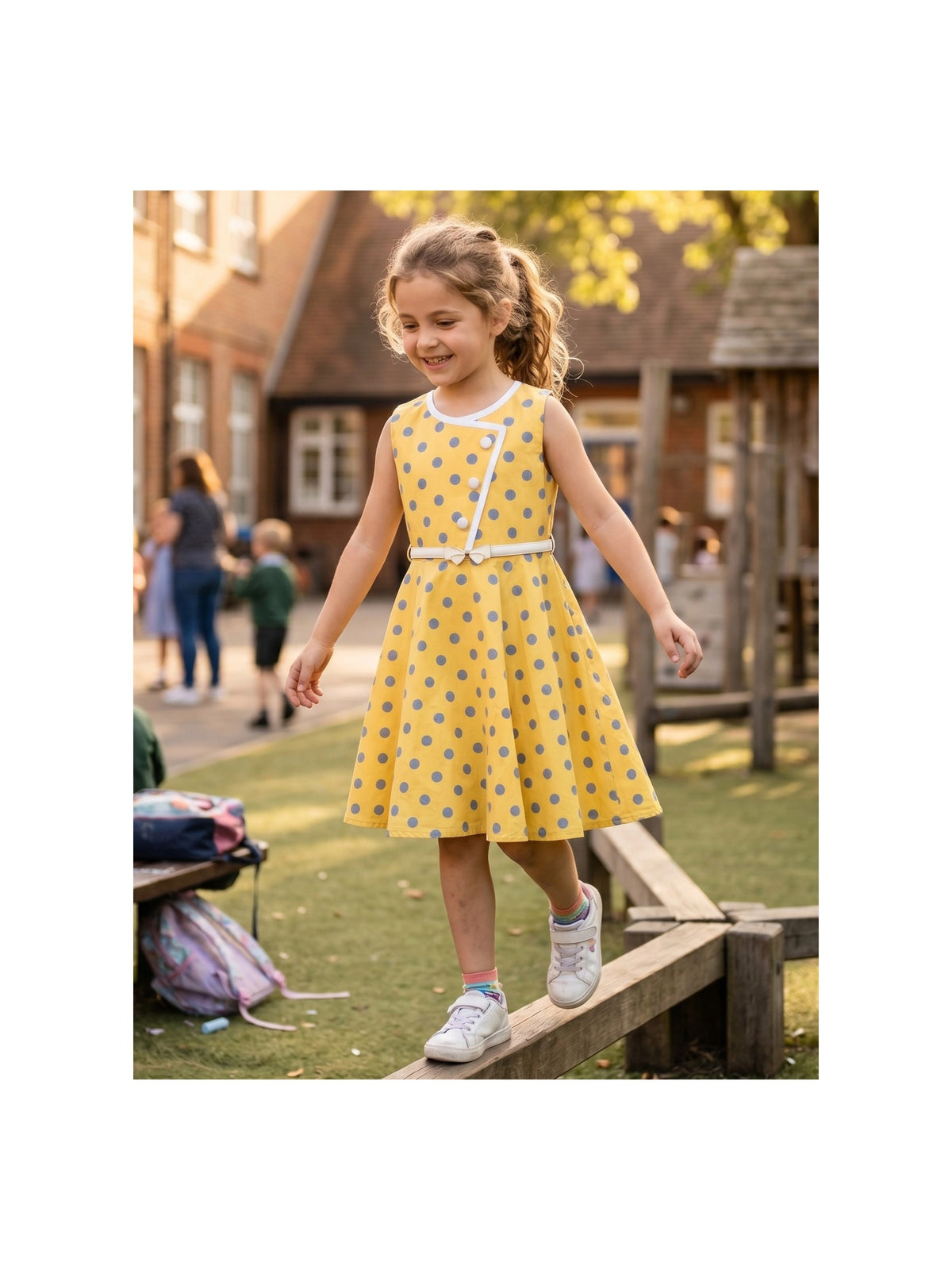Girls Dress Polka Dot Butterfly Belt Asymmetrical Playful - Yellow Polka Dot