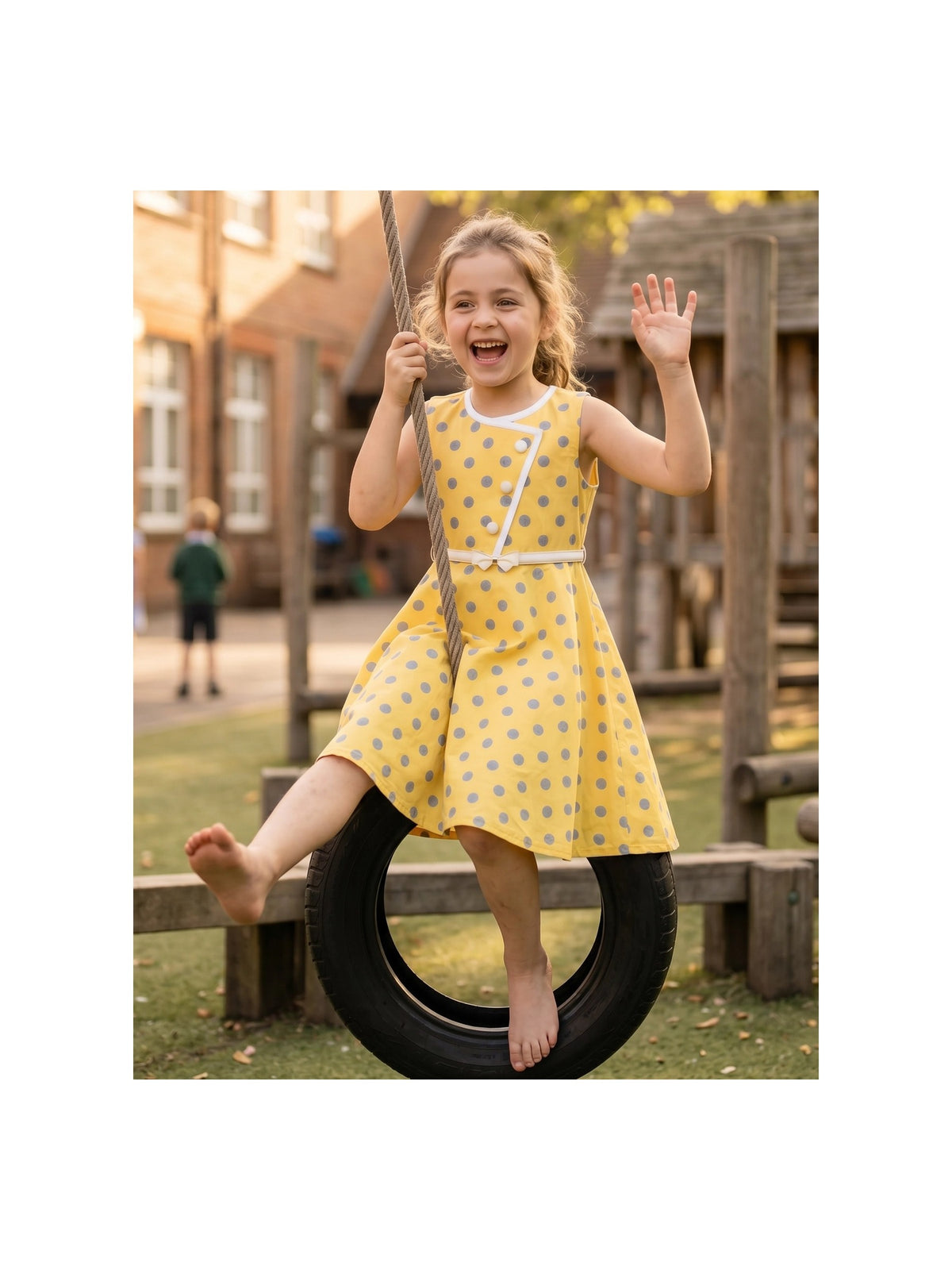 Girls Dress Polka Dot Butterfly Belt Asymmetrical Playful - Yellow Polka Dot