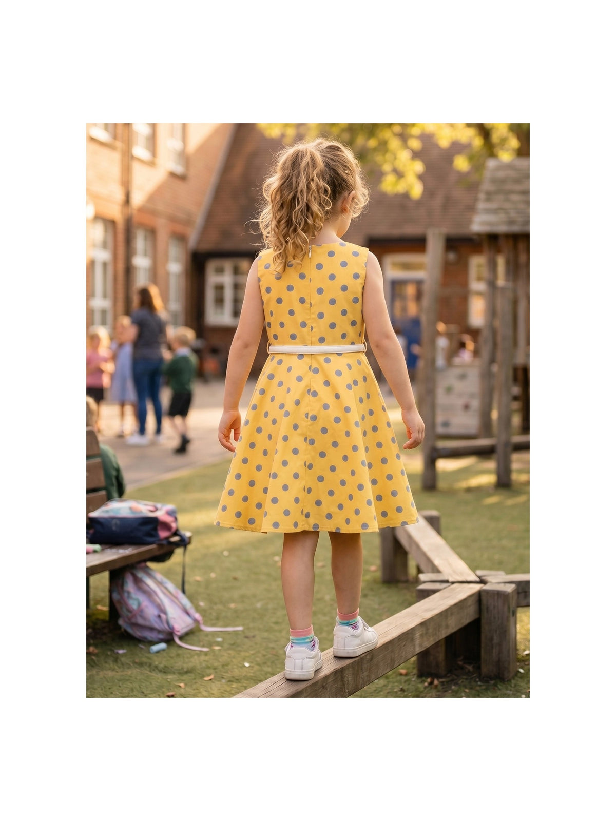 Girls Dress Polka Dot Butterfly Belt Asymmetrical Playful - Yellow Polka Dot