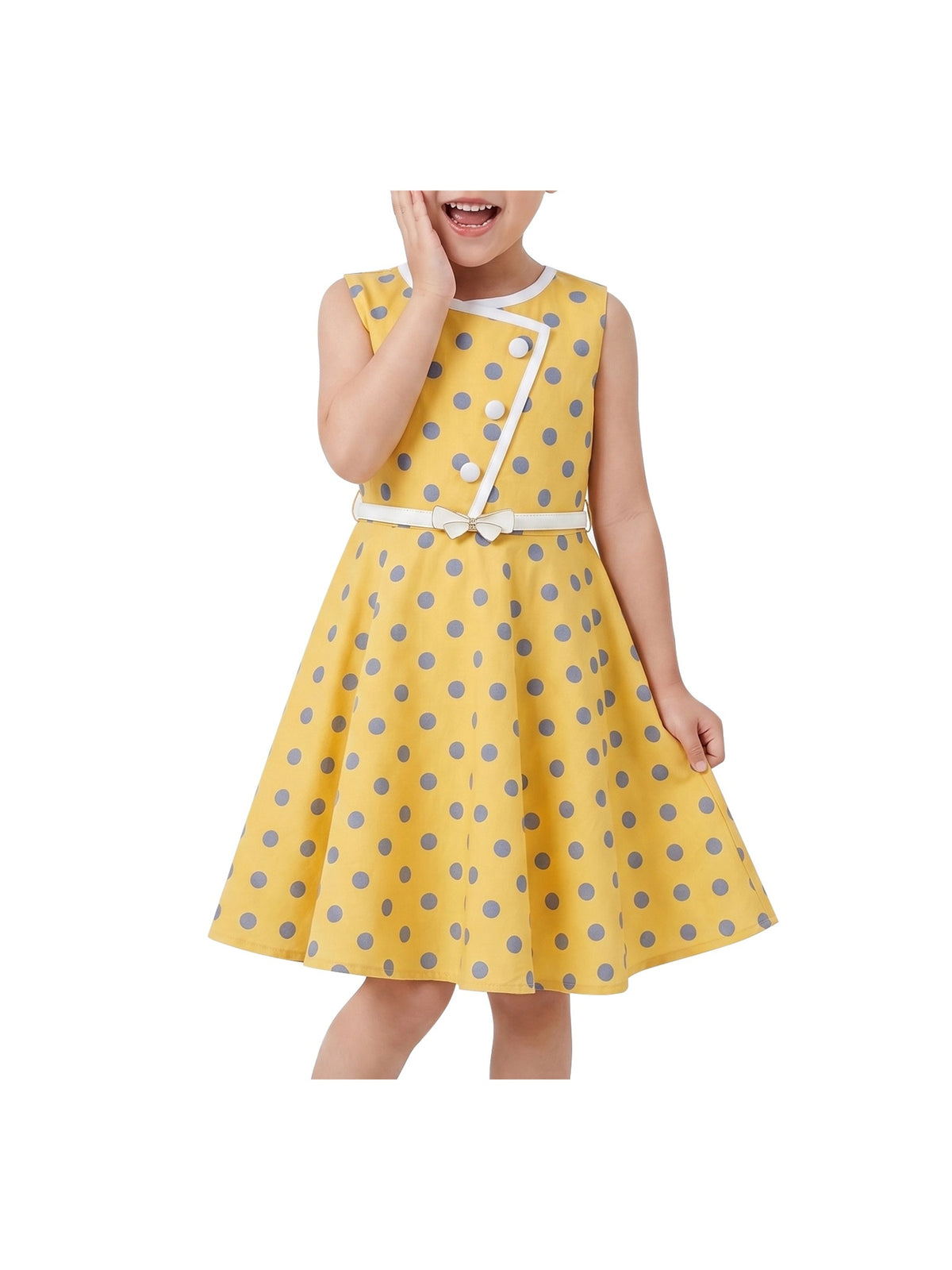 Girls Dress Polka Dot Butterfly Belt Asymmetrical Playful - Yellow Polka Dot