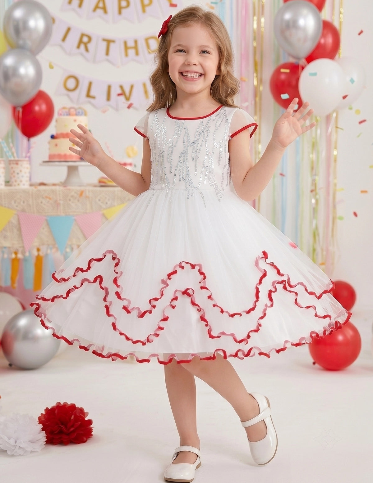 Flower Girl Dresses Sweet Pink Party Bow Tulle Princess Party Lace Cap Sleeve Wedding Easter White Red Sequin