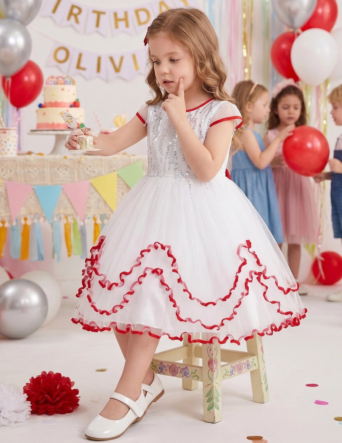Flower Girl Dresses Sweet Pink Party Bow Tulle Princess Party Lace Cap Sleeve Wedding Easter White Red Sequin