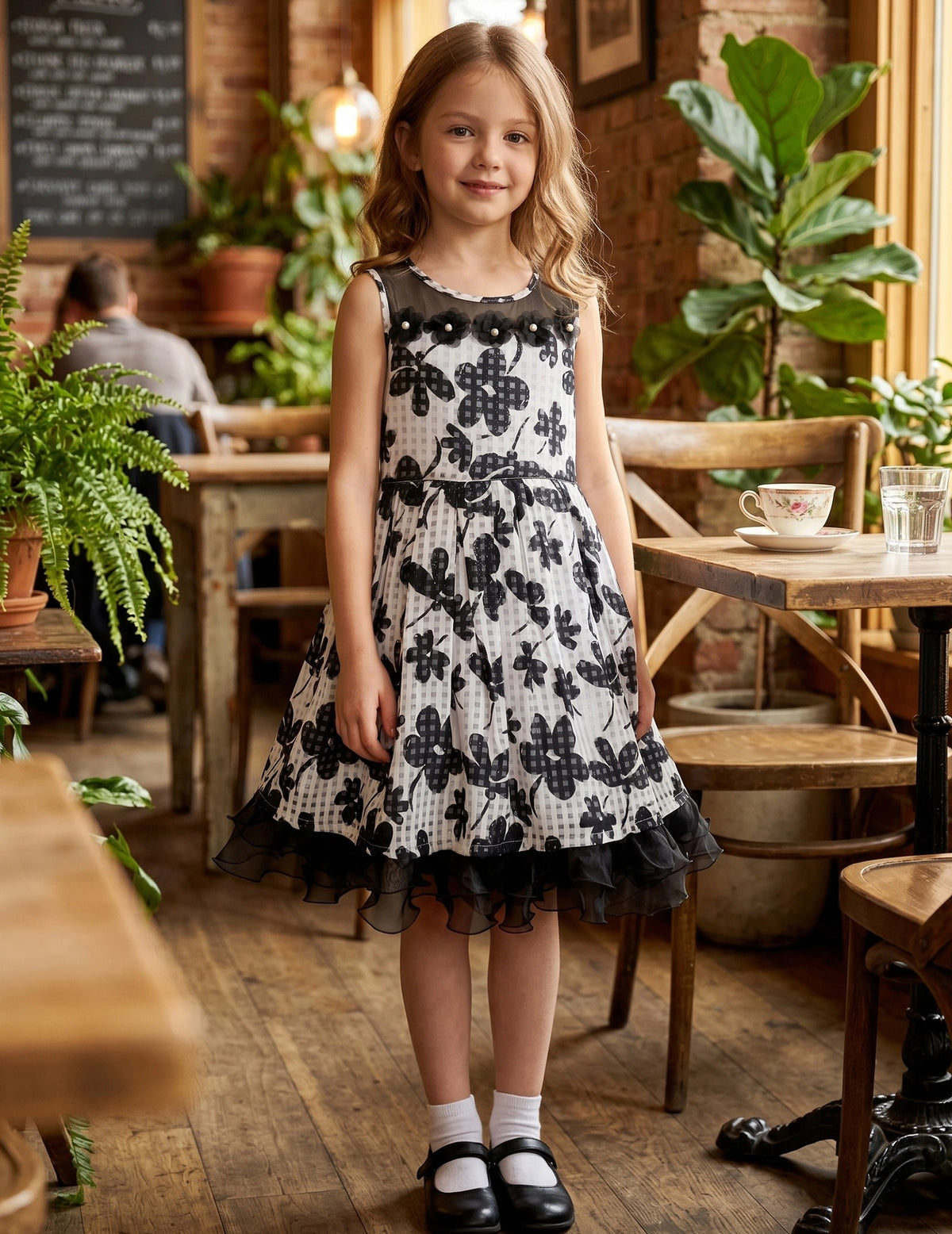 Girls Dress Purple Flower Bow Tie Wedding Party Children Clothes Size Black Floral