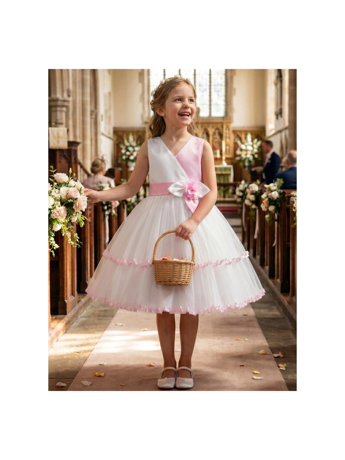 Flower Girls Dress Pink White Contrast Sleeveless Ruffle Tulle Summer Wedding Pageant Party Dresses Pink White Floral
