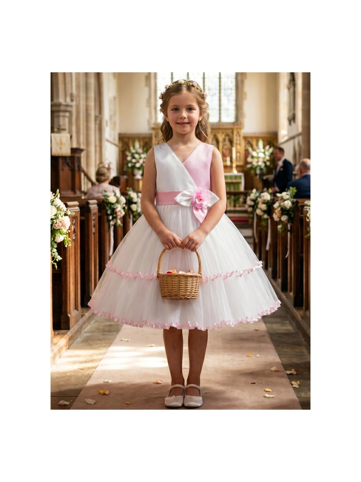 Flower Girls Dress Pink White Contrast Sleeveless Ruffle Tulle Summer Wedding Pageant Party Dresses Pink White Floral