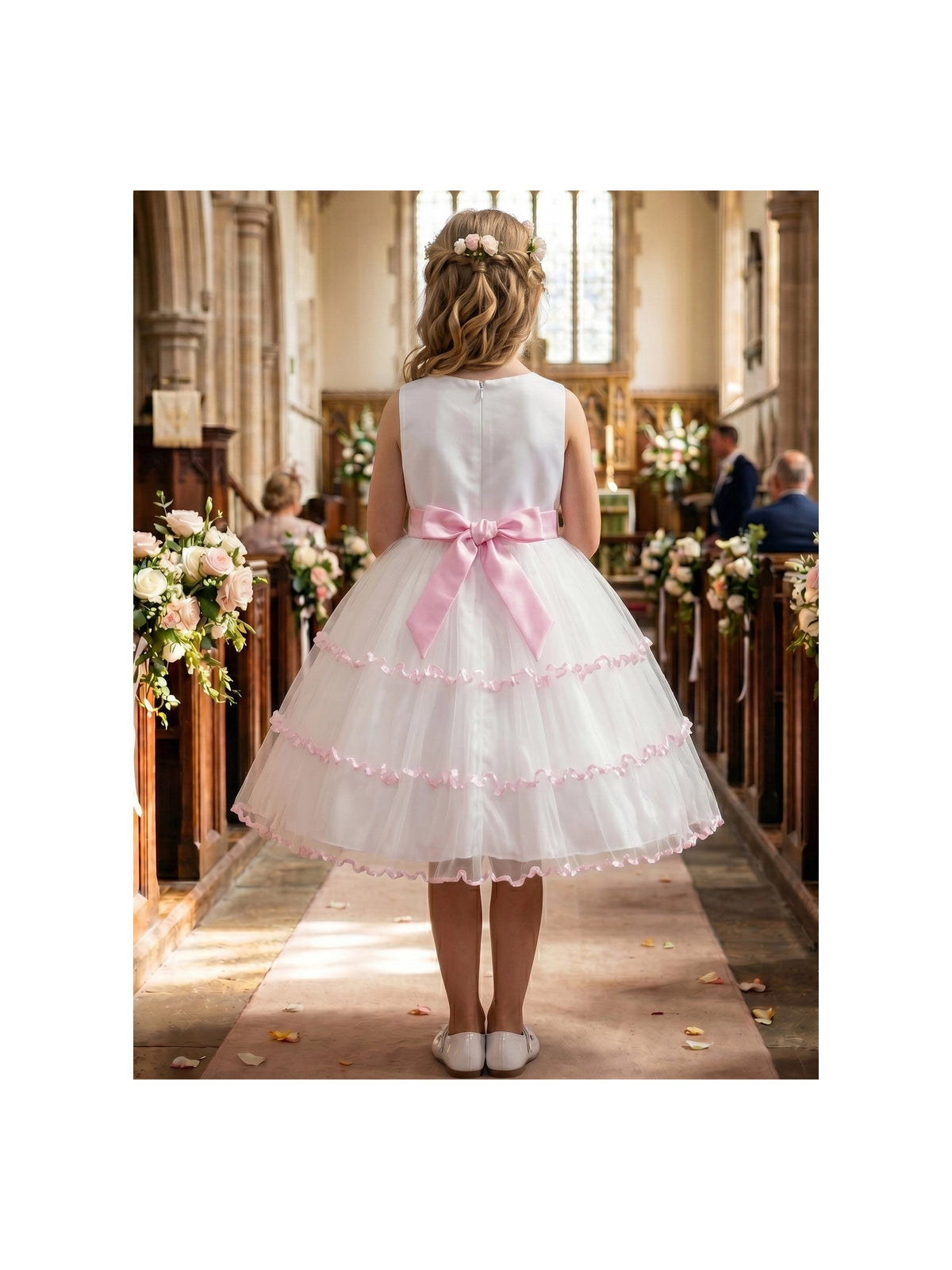Flower Girls Dress Pink White Contrast Sleeveless Ruffle Tulle Summer Wedding Pageant Party Dresses Pink White Floral
