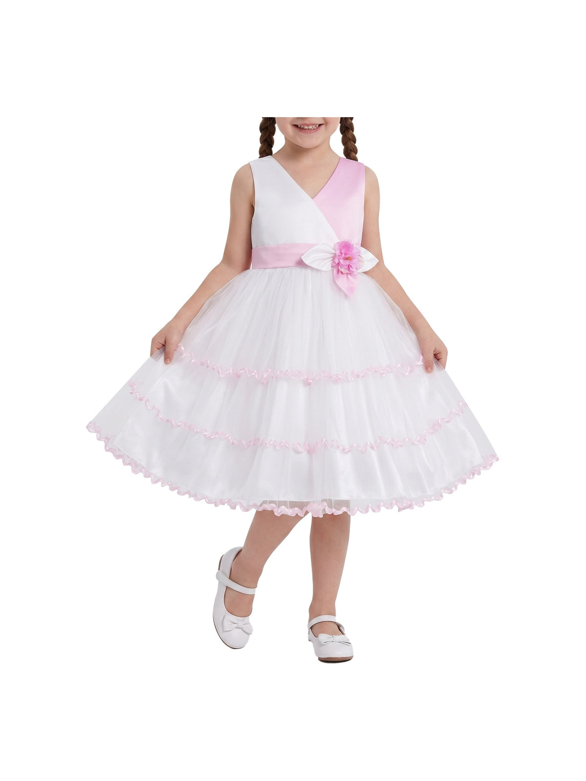 Flower Girls Dress Pink White Contrast Sleeveless Ruffle Tulle Summer Wedding Pageant Party Dresses Pink White Floral