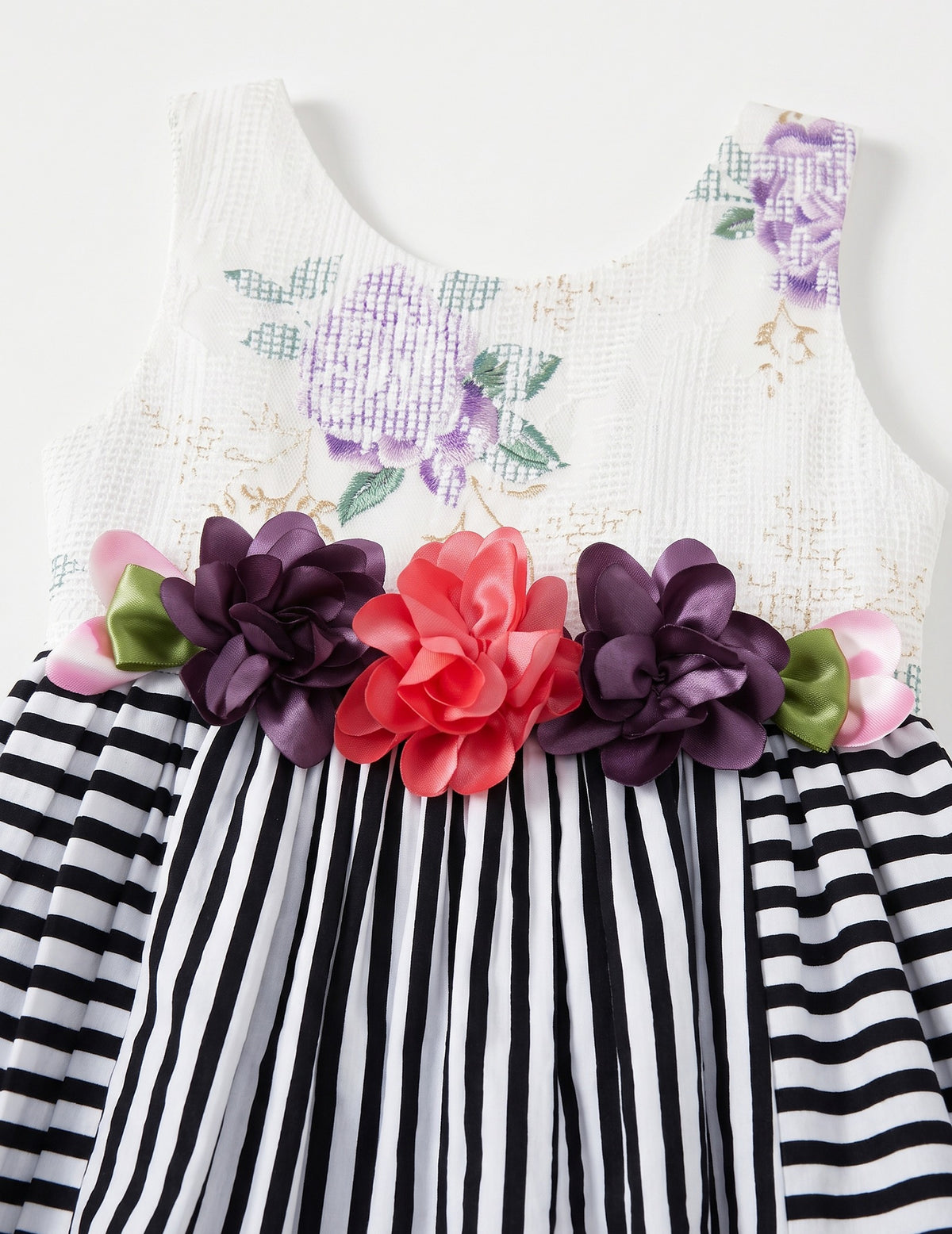 Girls Dress Sunflower Garden Turn-Down Collar Sleeveless - Black White Striped