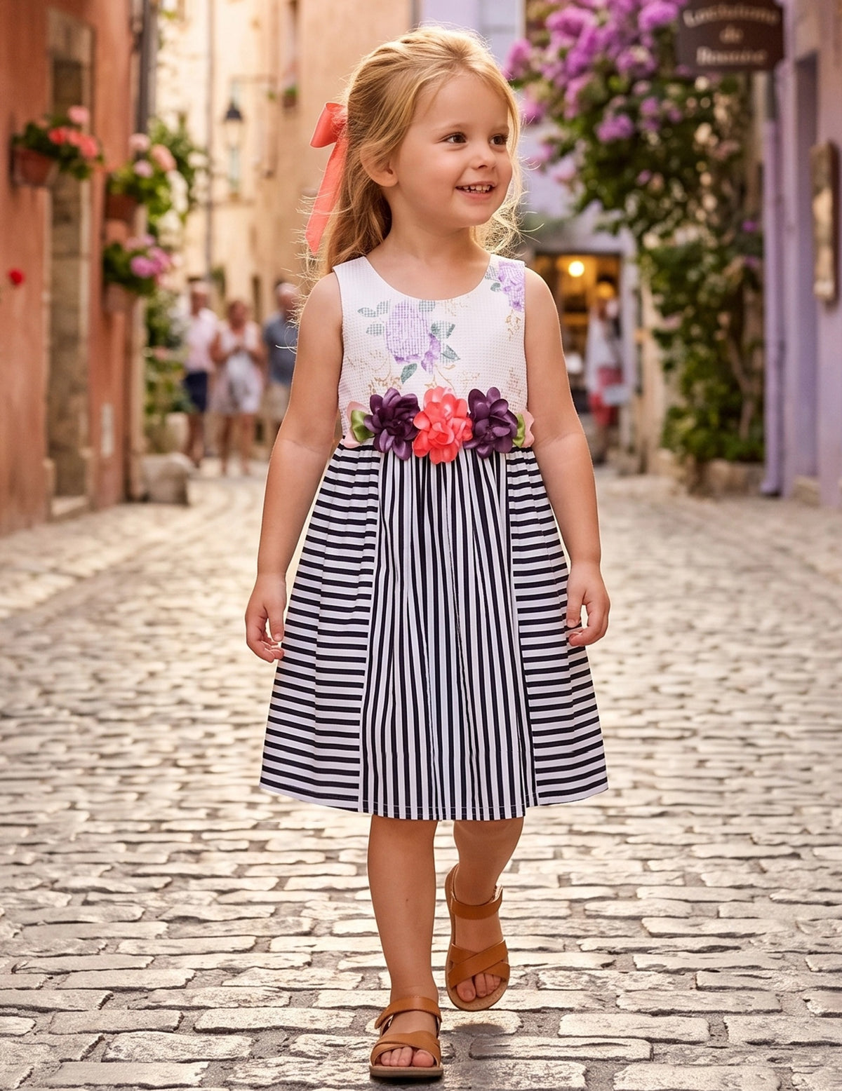 Girls Dress Sunflower Garden Turn-Down Collar Sleeveless - Black White Striped