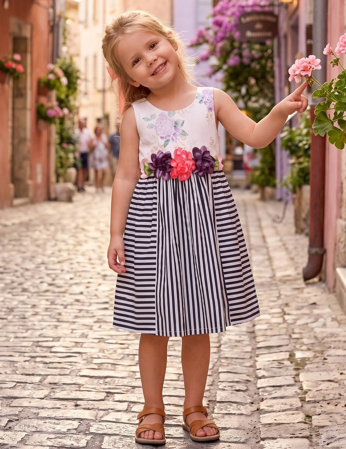 Girls Dress Sunflower Garden Turn-Down Collar Sleeveless - Black White Striped