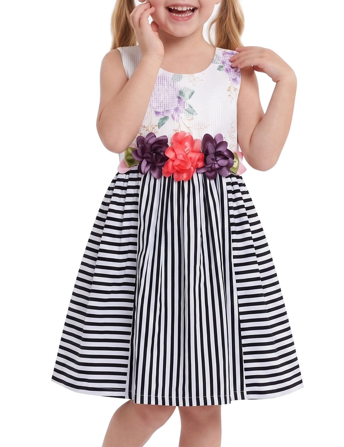 Girls Dress Sunflower Garden Turn-Down Collar Sleeveless - Black White Striped