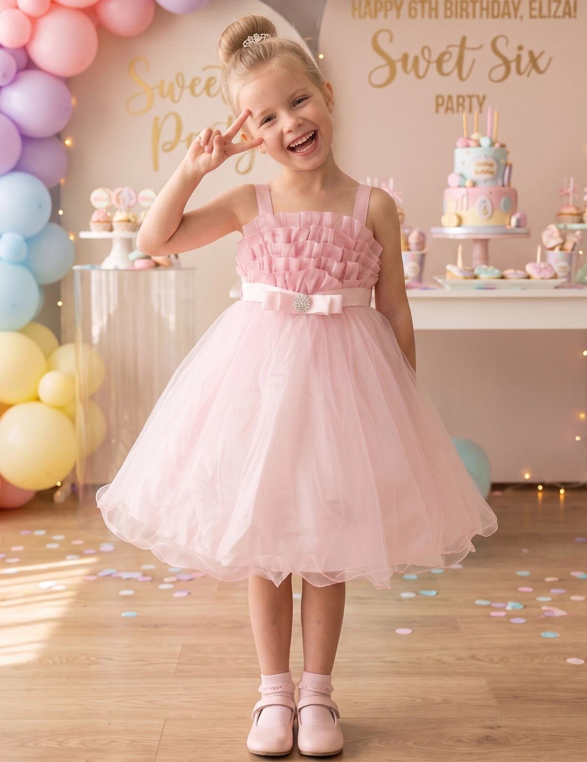 Girls Pink Floral Multilayer Ruffle Tulle Sleeveless Sequin Princess Pink Tulle