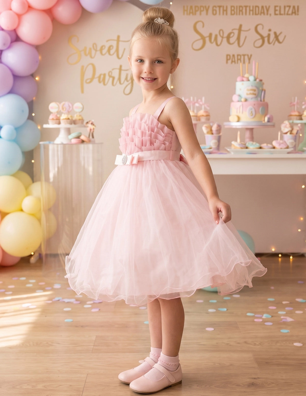 Girls Pink Floral Multilayer Ruffle Tulle Sleeveless Sequin Princess Pink Tulle