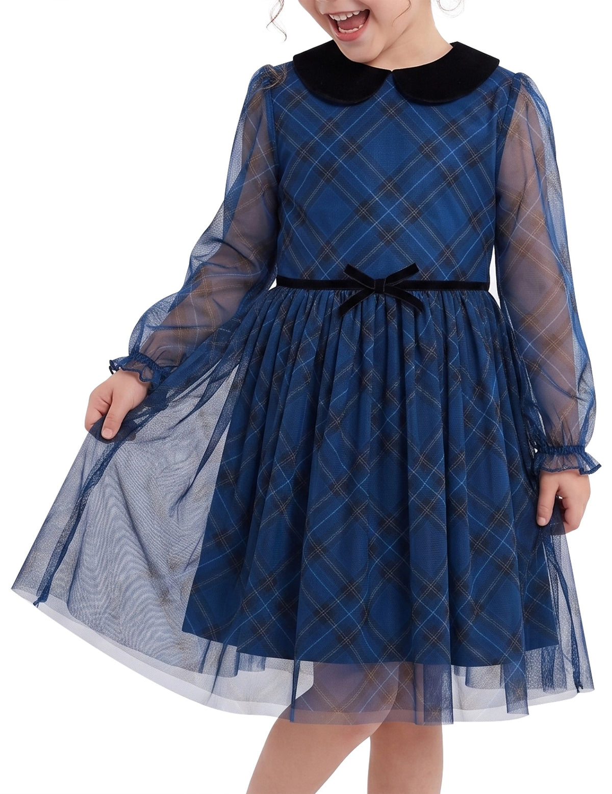 Girls Dress Plaid Tartan Collar Bow Belt Casual Festive Christmas Party Winter - Blue Plaid Mesh