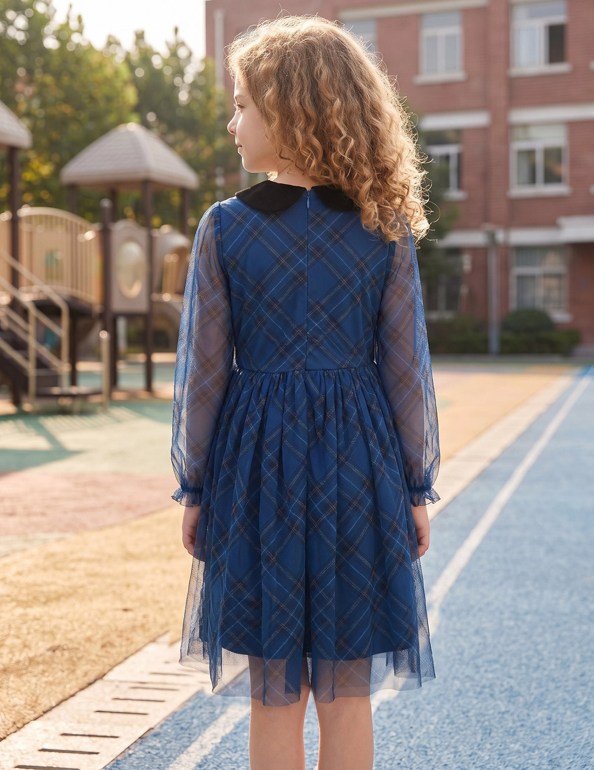 Girls Dress Plaid Tartan Collar Bow Belt Casual Festive Christmas Party Winter - Blue Plaid Mesh