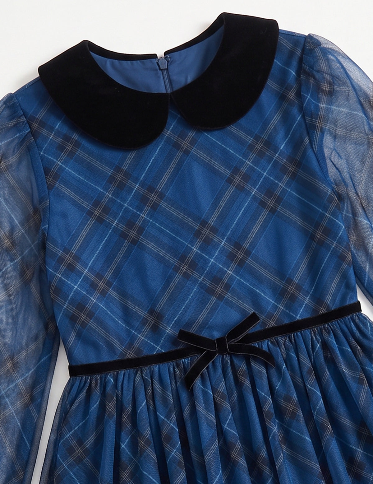 Girls Dress Plaid Tartan Collar Bow Belt Casual Festive Christmas Party Winter - Blue Plaid Mesh