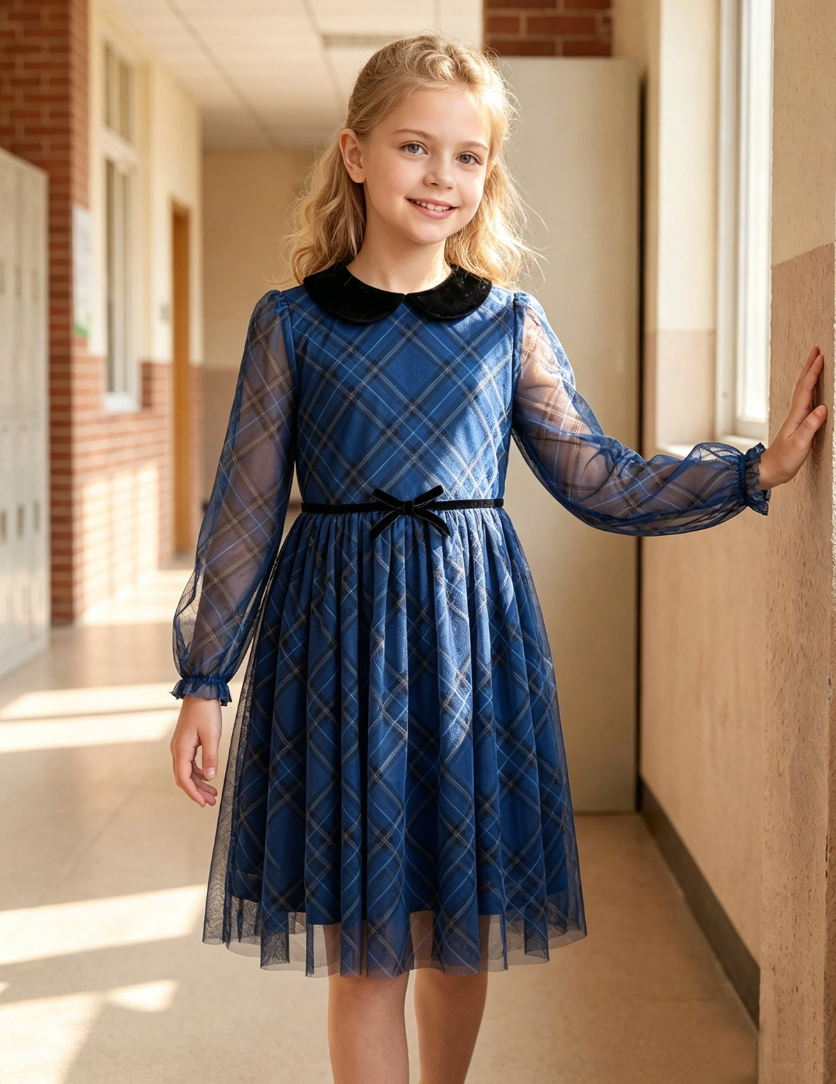 Girls Dress Plaid Tartan Collar Bow Belt Casual Festive Christmas Party Winter - Blue Plaid Mesh