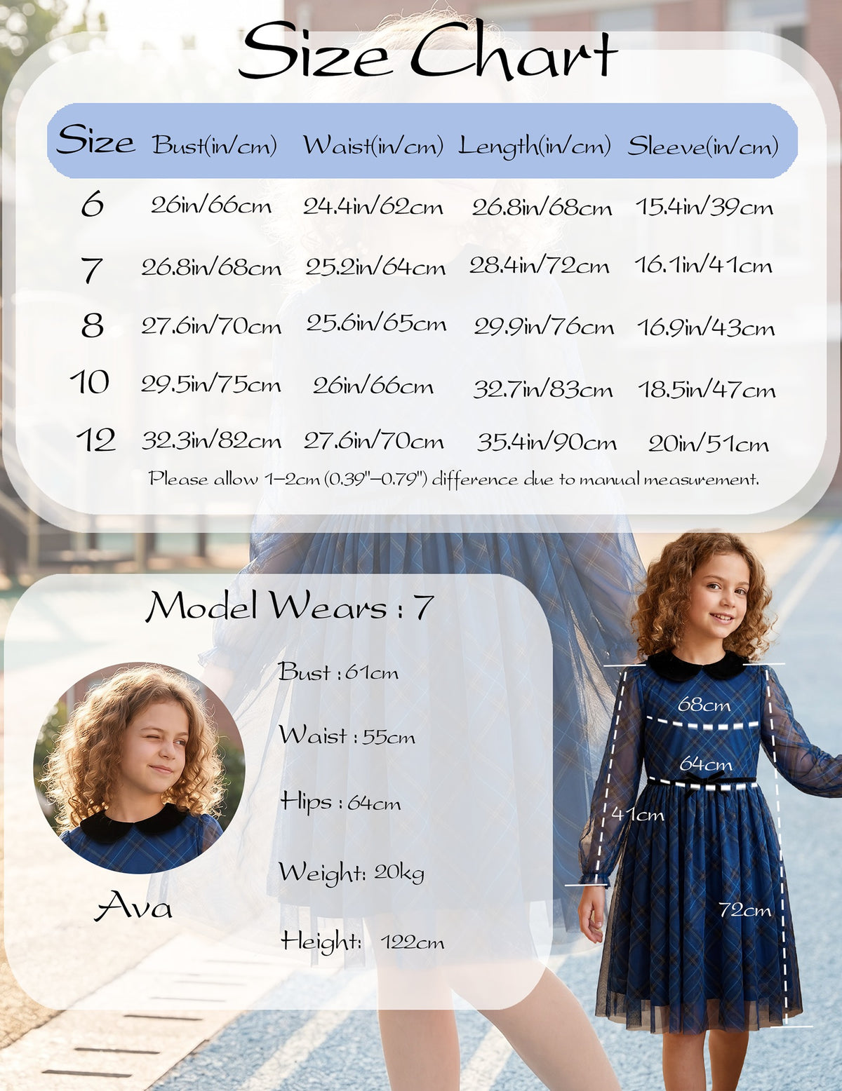 Girls Dress Plaid Tartan Collar Bow Belt Casual Festive Christmas Party Winter - Blue Plaid Mesh