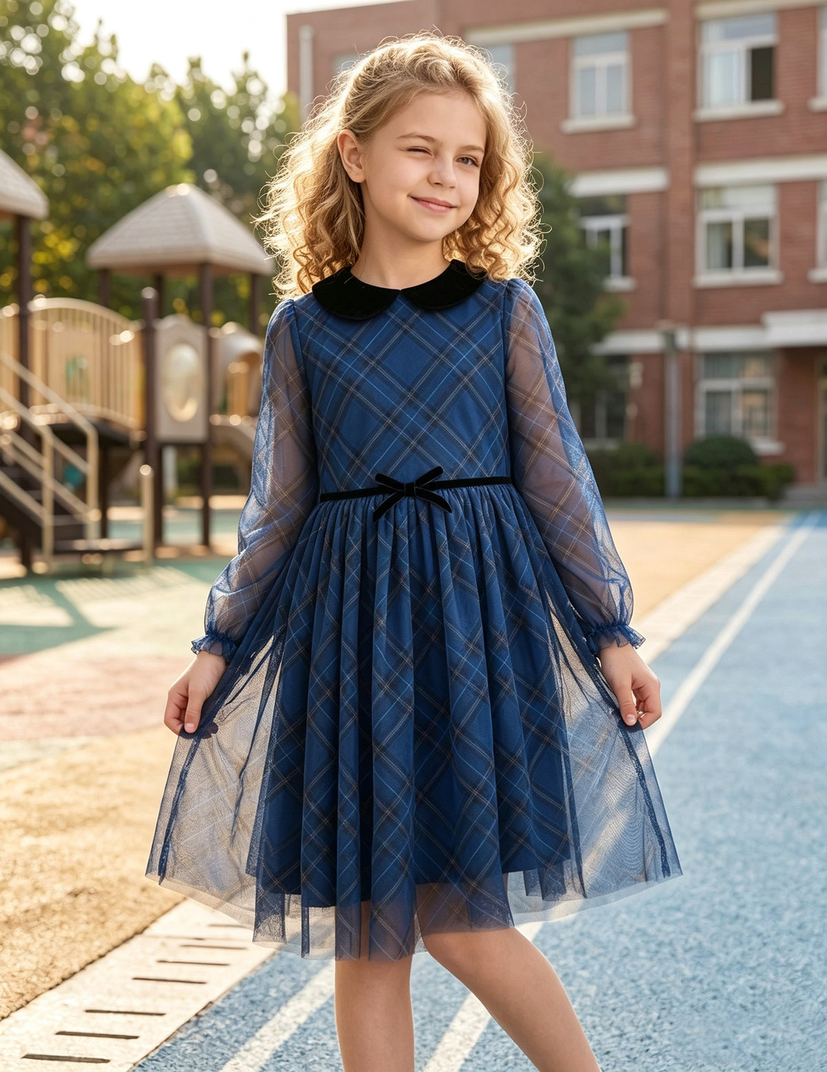 Girls Dress Plaid Tartan Collar Bow Belt Casual Festive Christmas Party Winter - Blue Plaid Mesh