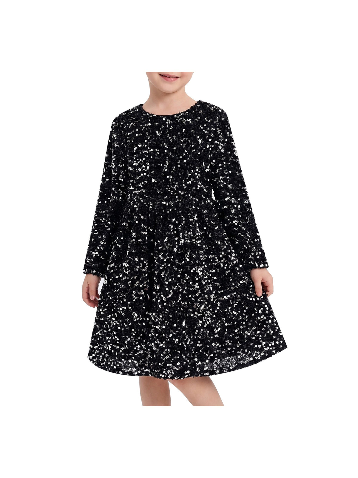 Girls Dress Emerald Sparkle Sequin Long Sleeve Christmas Holiday New Year Celebration Black Sequin
