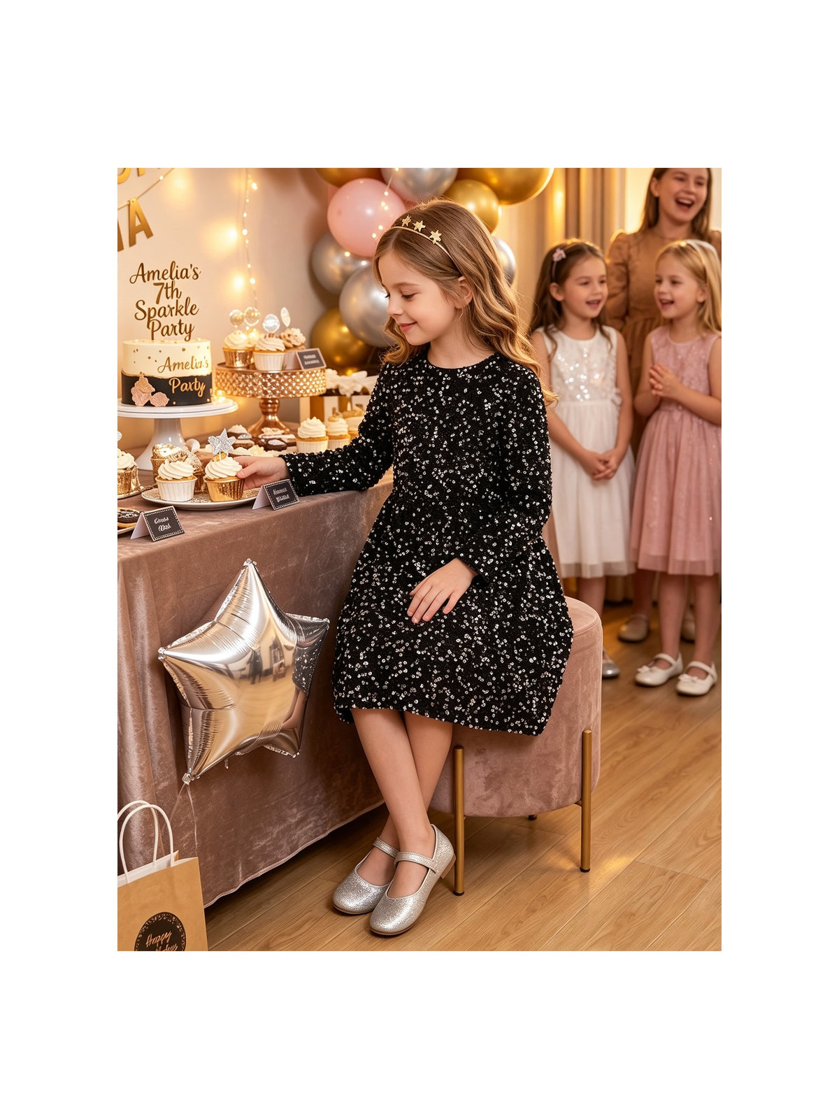 Girls Dress Emerald Sparkle Sequin Long Sleeve Christmas Holiday New Year Celebration Black Sequin