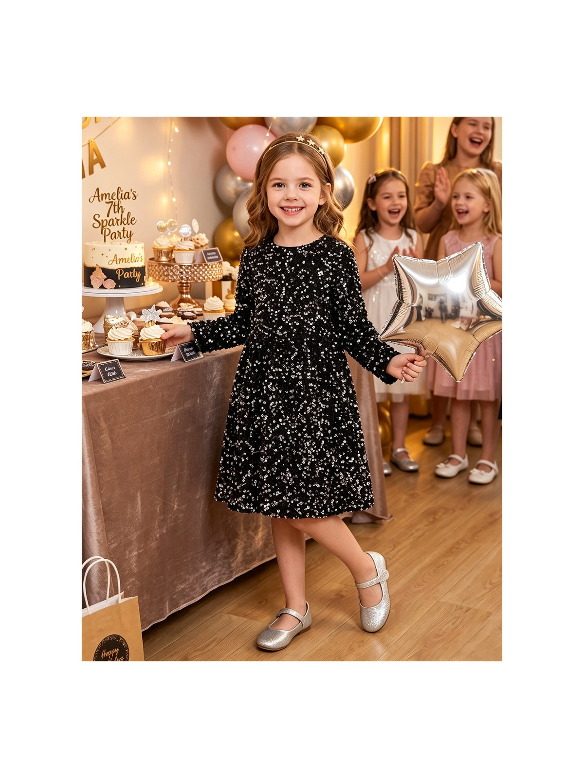 Girls Dress Emerald Sparkle Sequin Long Sleeve Christmas Holiday New Year Celebration Black Sequin