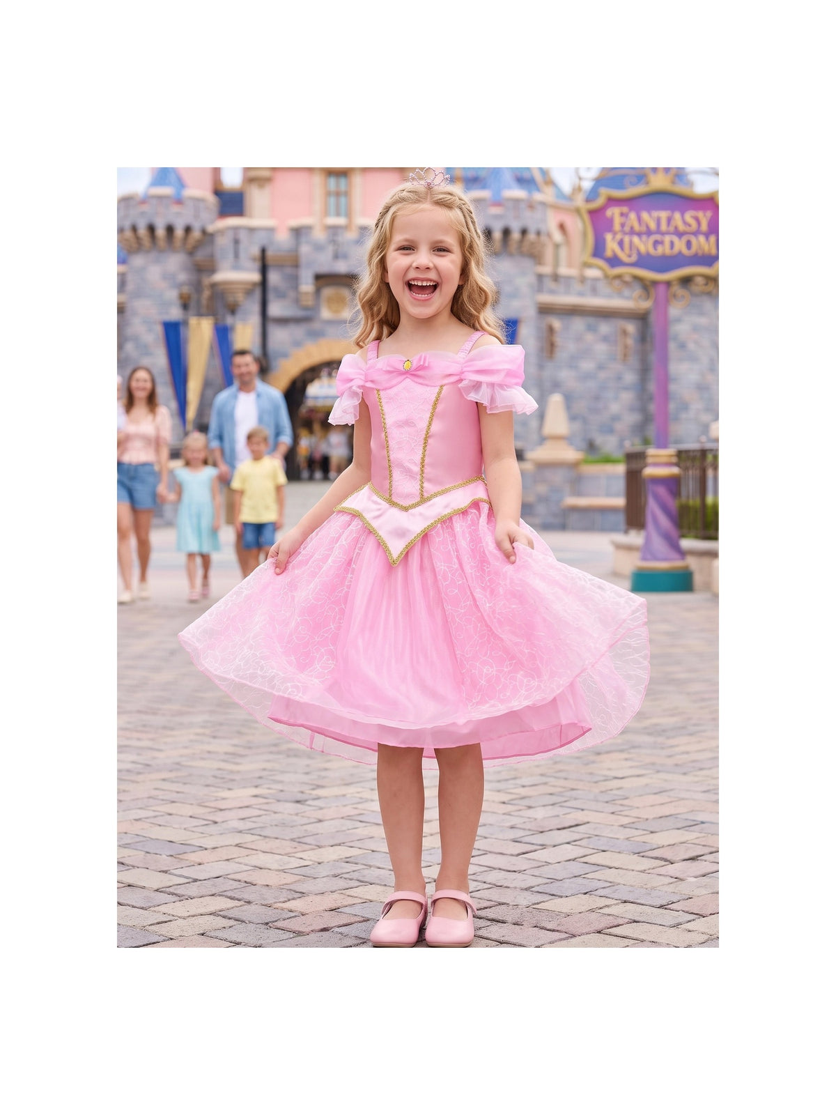 Girls Dress Pink Embroidered Tulle Off Shoulder Ruffle Bow Princess Costume Party Satin Dress Pink Embroidered