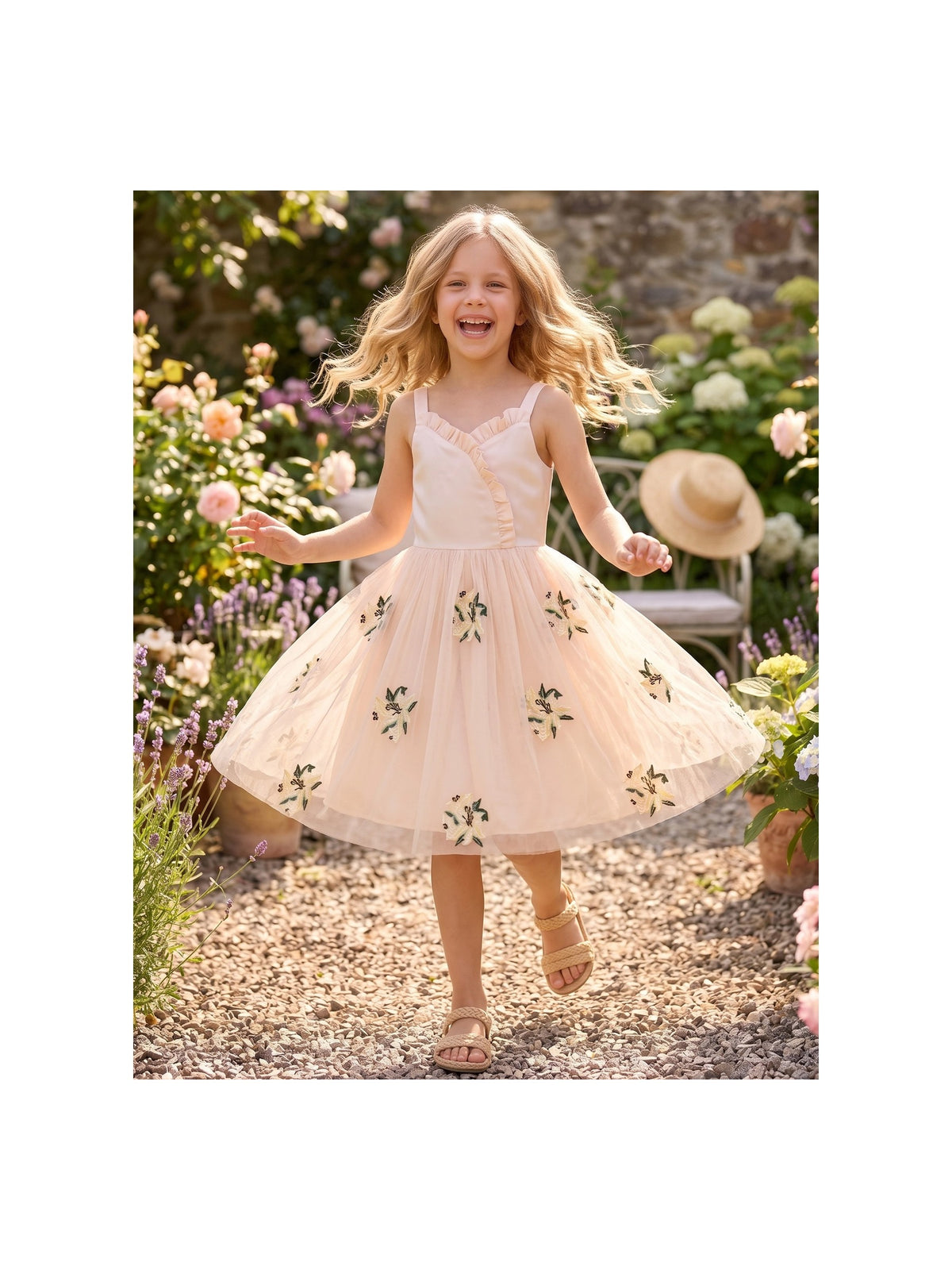Girls Dress Purple Floral Sleeveless 3D Flower Rhinestone Summer Party Outdoor Dresses Beige Floral